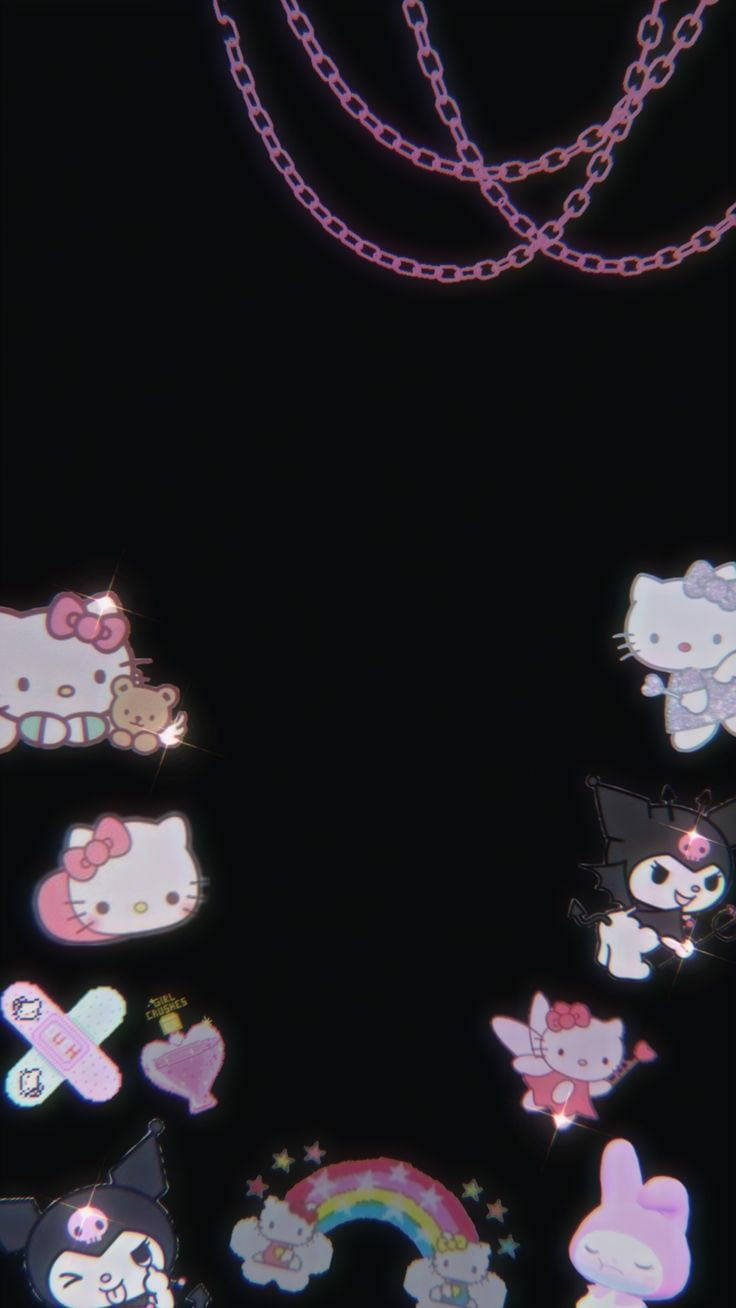 發光的 Sanrio 角色和粉紅色鏈條在黑暗的數位空間中漂浮。