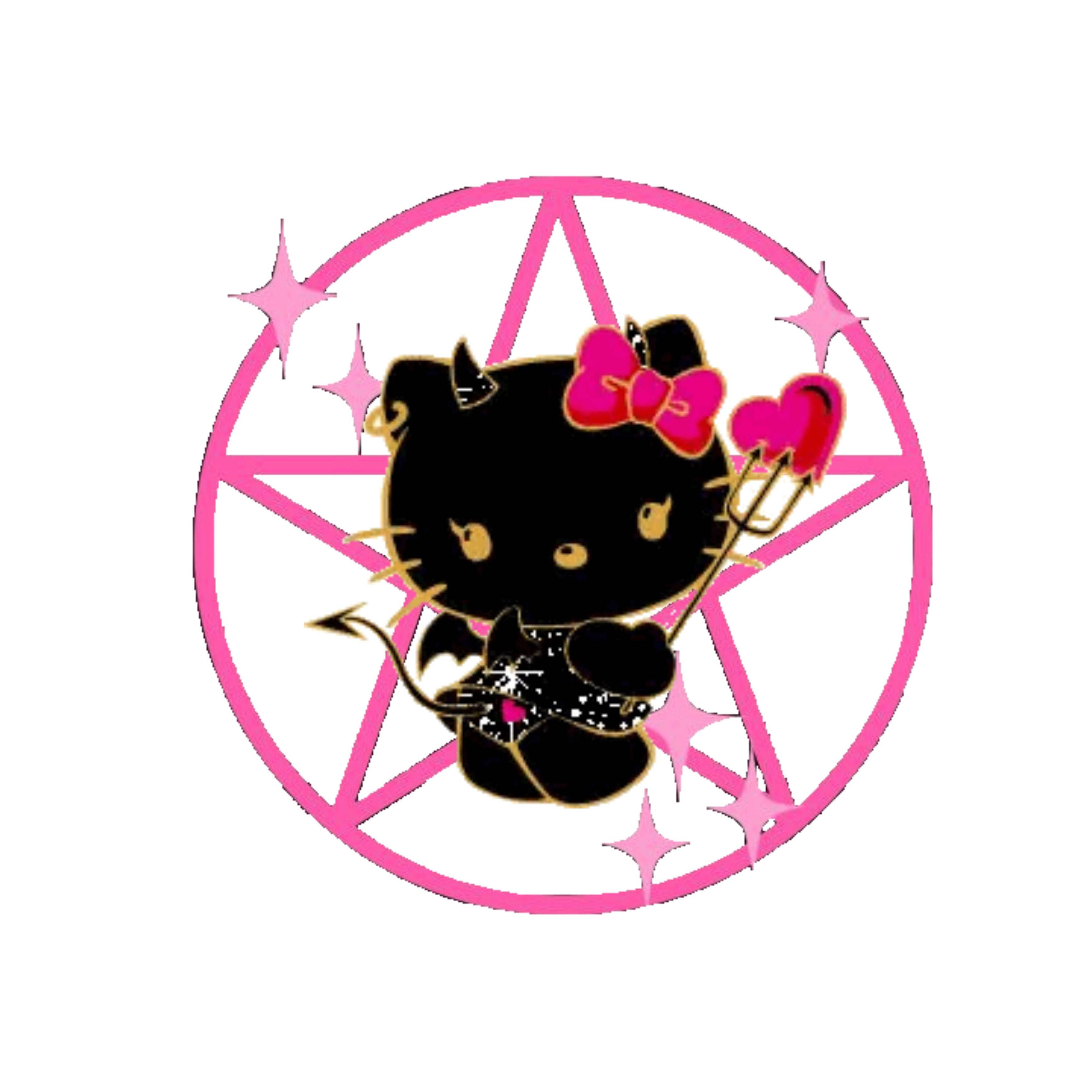 黑色Hello Kitty萬聖節星形符號 壁紙 — 黑色貓咪角色，帶有惡魔角和尾巴，在粉紅色五角星內手持心形三叉戟，周圍環繞著閃光。