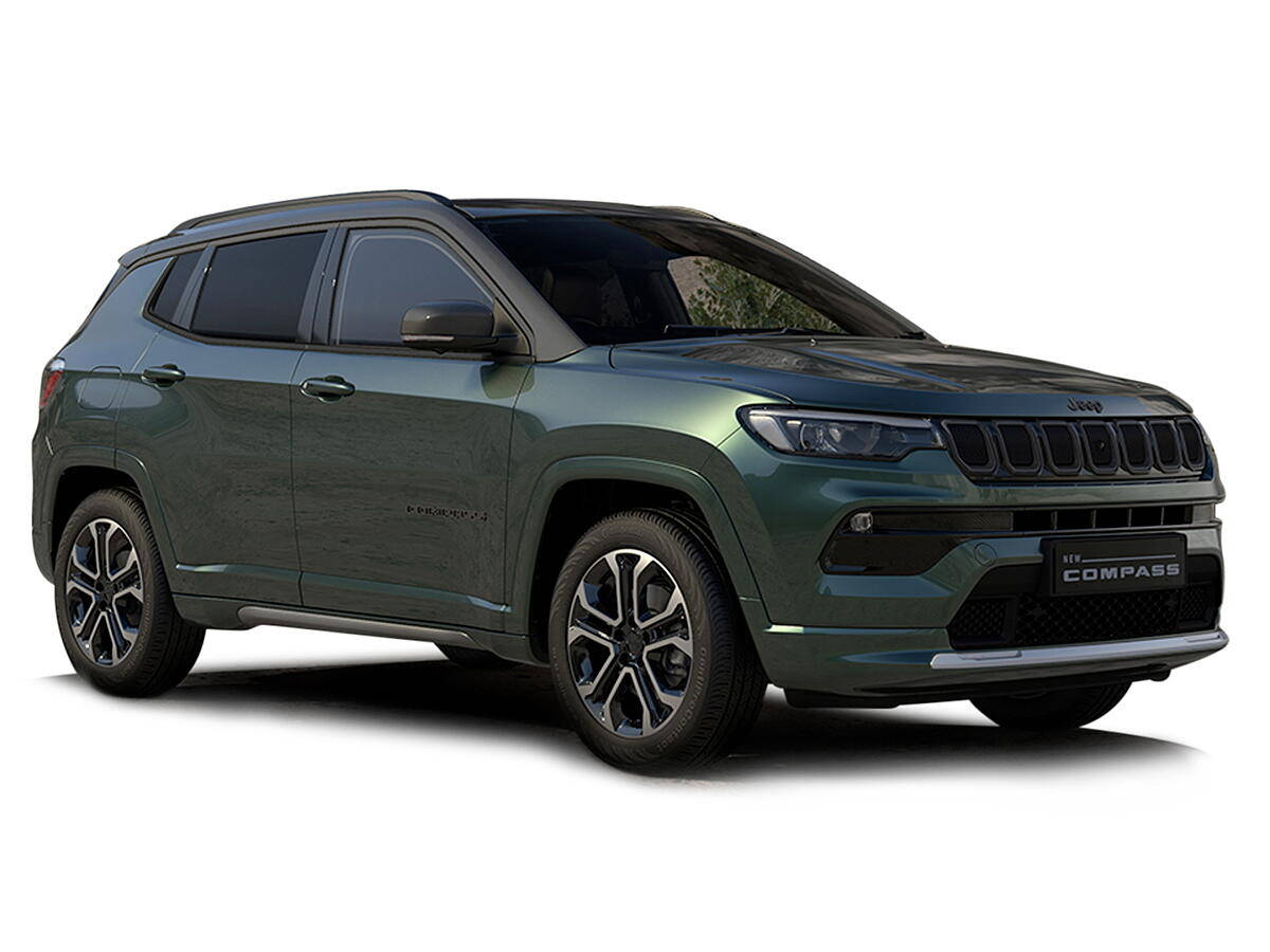啞光綠色Jeep Compass SUV在乾淨白色背景下的工作室拍攝。