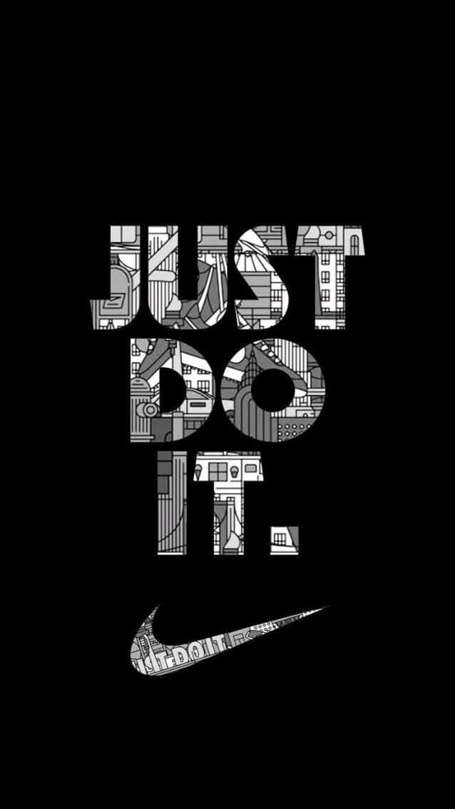 Nike 標語「Just Do It」以粗體文字呈現，在黑色背景上充滿了城市塗鴉圖案。