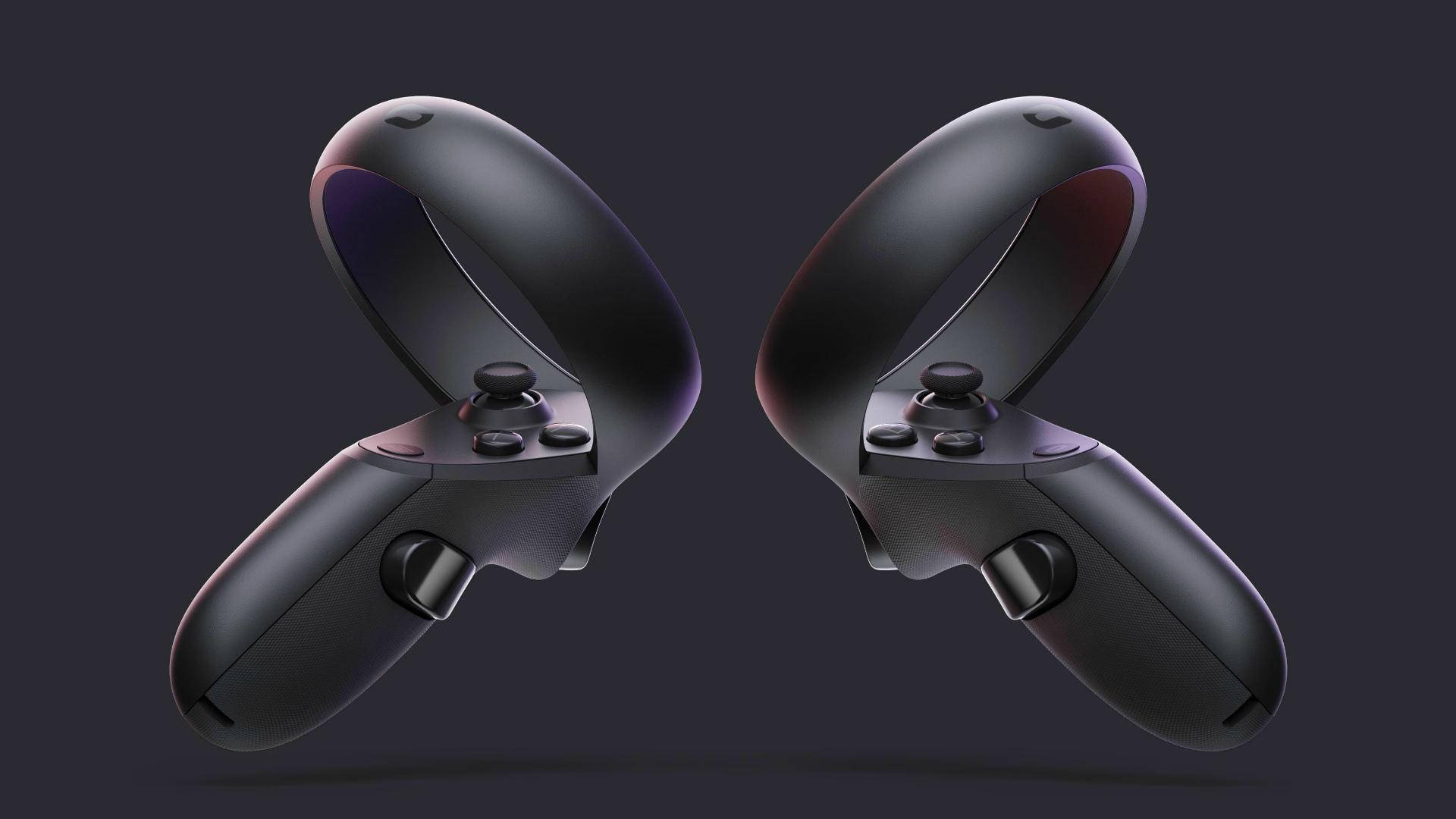黑色Oculus Quest 2控制器 壁紙 — 兩個時尚的黑色VR控制器在帶有微妙紫色和紅色燈光點綴的深色漸變背景上懸浮。