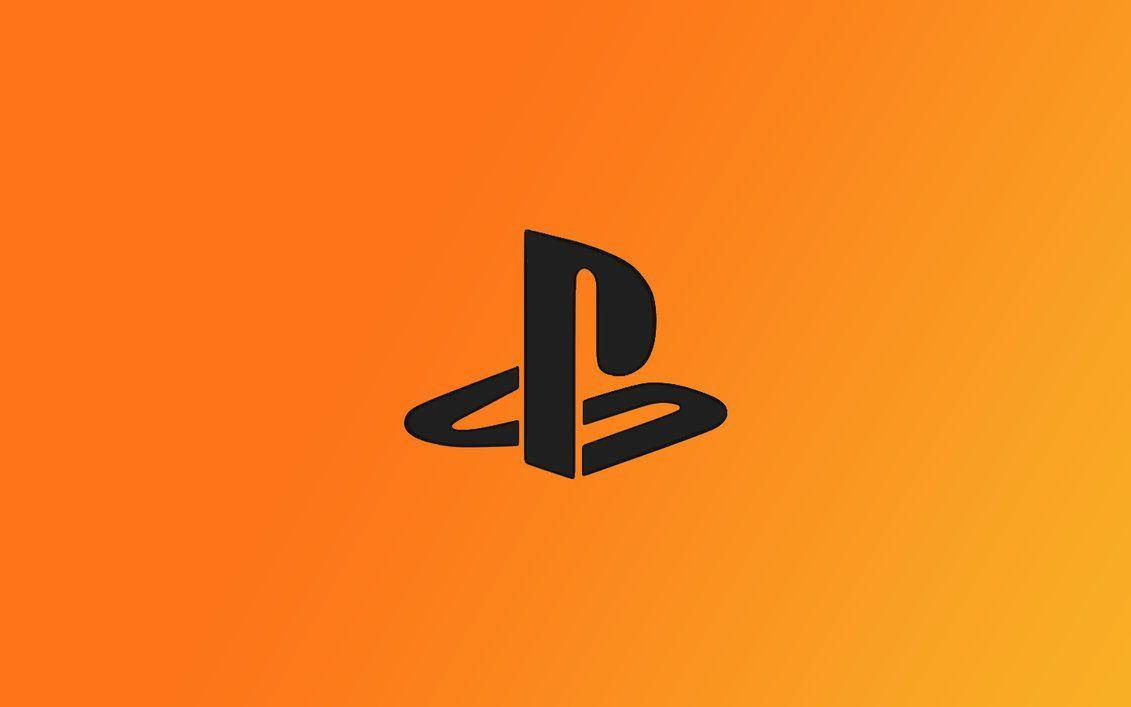 3D 桌布 壁紙 — 黑色PlayStation標誌居中在充滿活力的橙色到黃色漸變背景上。