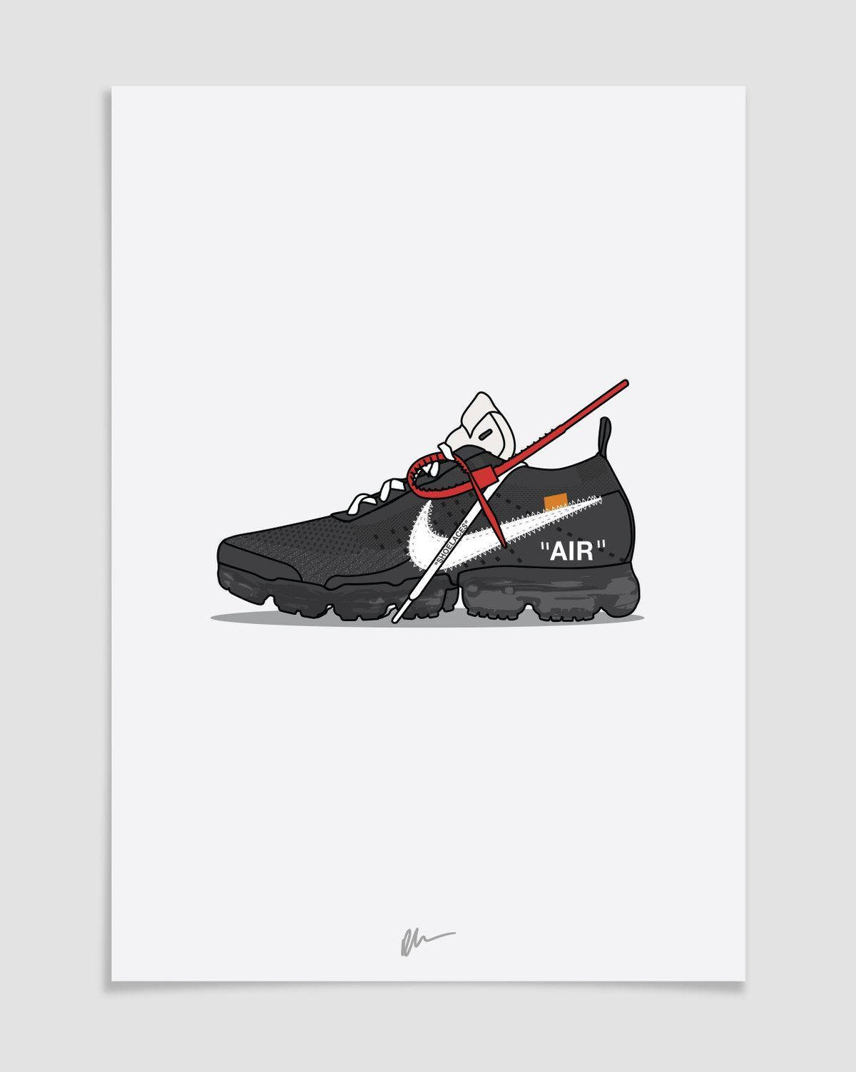 黑色Vapormax卡通鞋 壁紙 — 一對黑色Nike Air運動鞋，帶有紅色鋸齒鞋帶和白色swoosh標誌，背景為純白色。