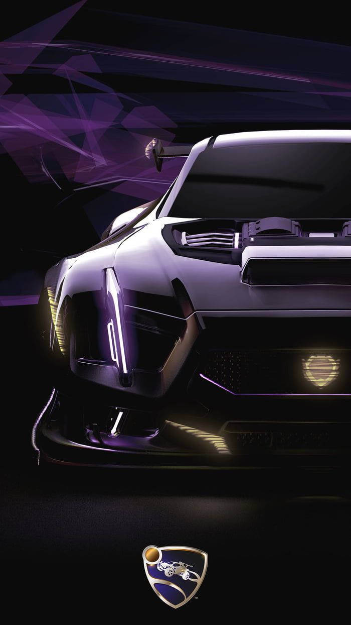 黑色主宰車 Rocket League iPhone 壁紙 — 一輛時尚的白色林寶堅尼跑車在黑暗抽象背景上散發紫色霓虹光芒。