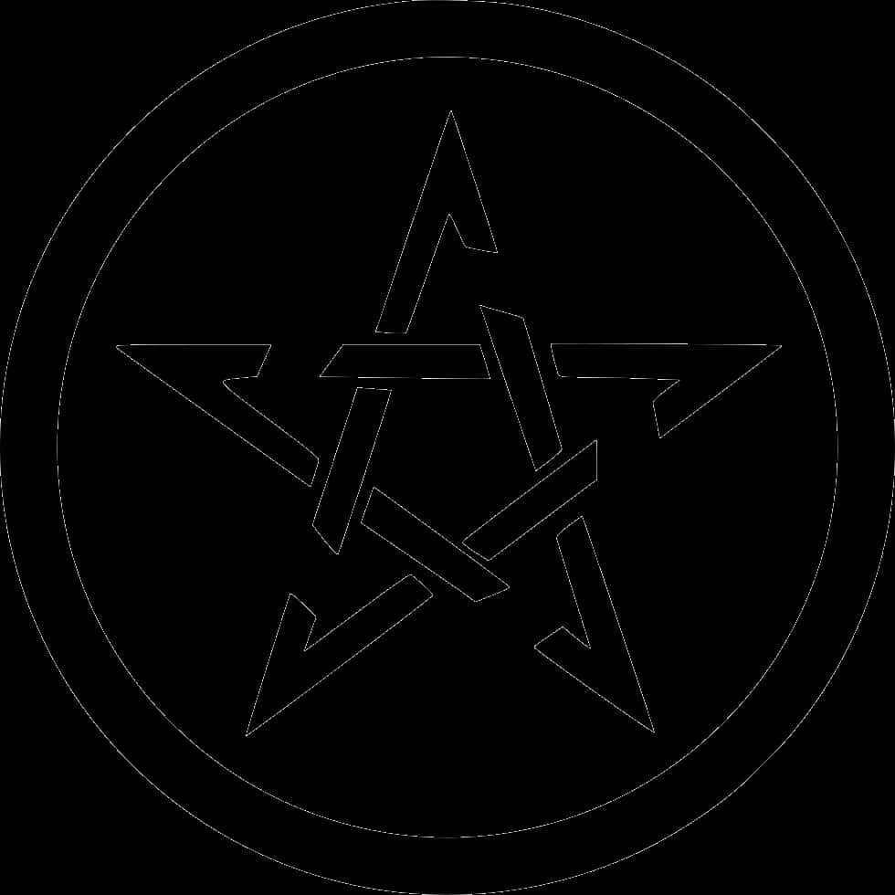 黑色五芒星輪廓 壁紙 — 黑色背景上圓圈內五角星的極簡白色線條畫。