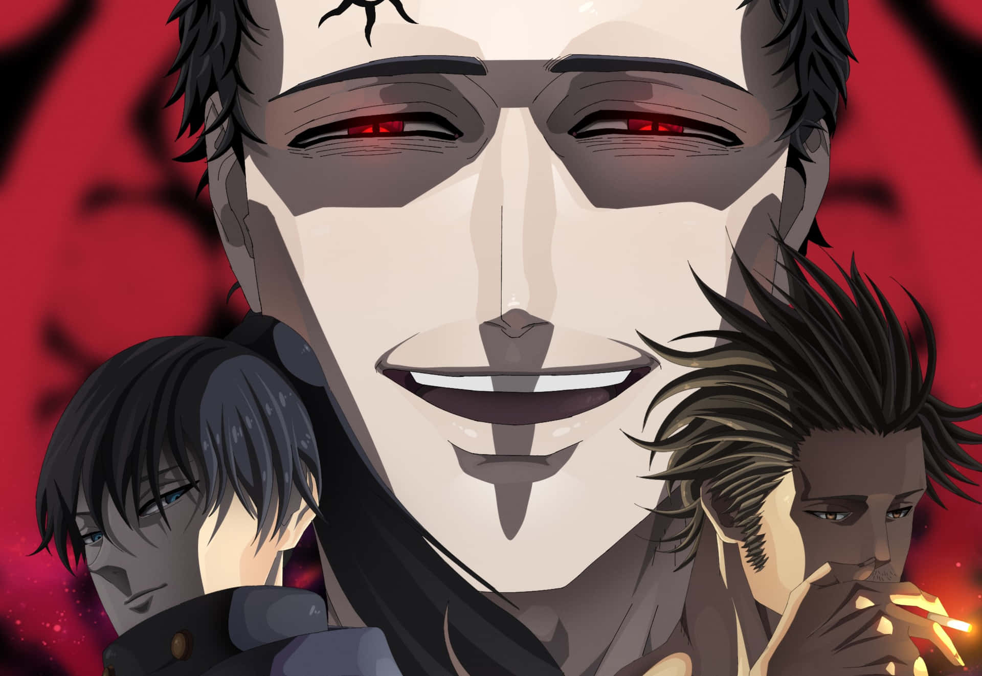 三個動漫男性在紅色背景下表情強烈，其中一個有發光的紅眼。