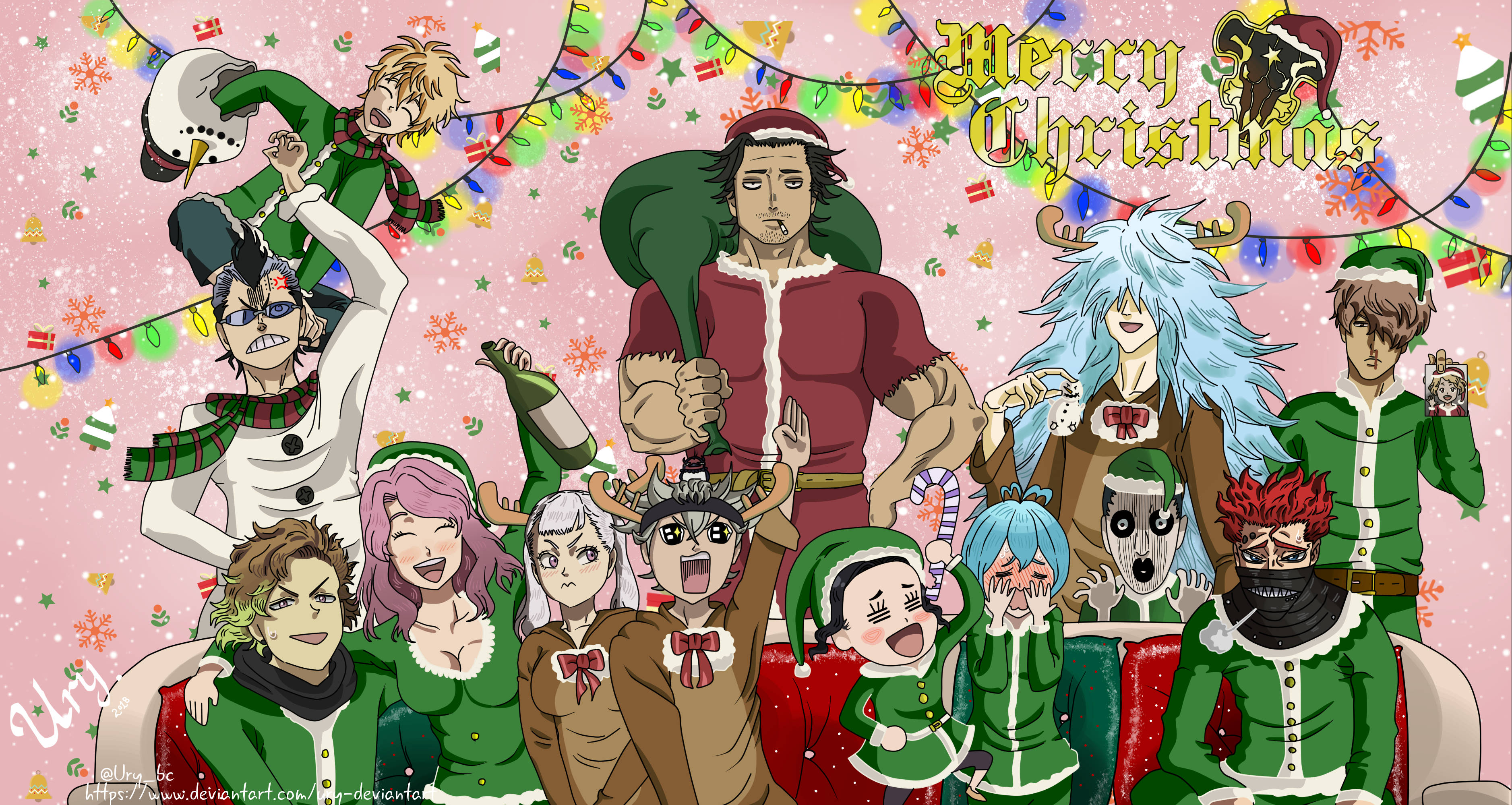 《黑色五葉草》動畫聖誕節同人圖 壁紙 — 動漫角色穿著節日聖誕服飾，在粉紅色雪花背景和花環裝飾下歡樂慶祝。