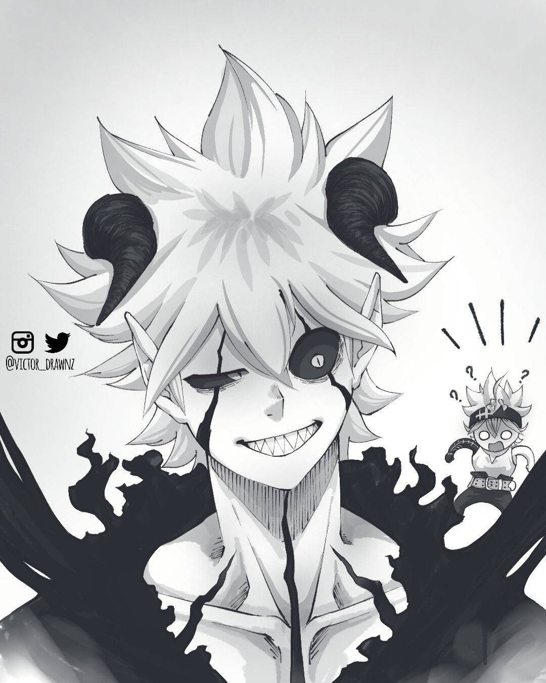 《黑色五葉草》強大魔人愛麗絲 壁紙 — 一個黑白動漫角色，有著尖刺頭髮、角和裂開的臉，露出威脅的笑容，而背景中一個較小的自己看起來很困惑。