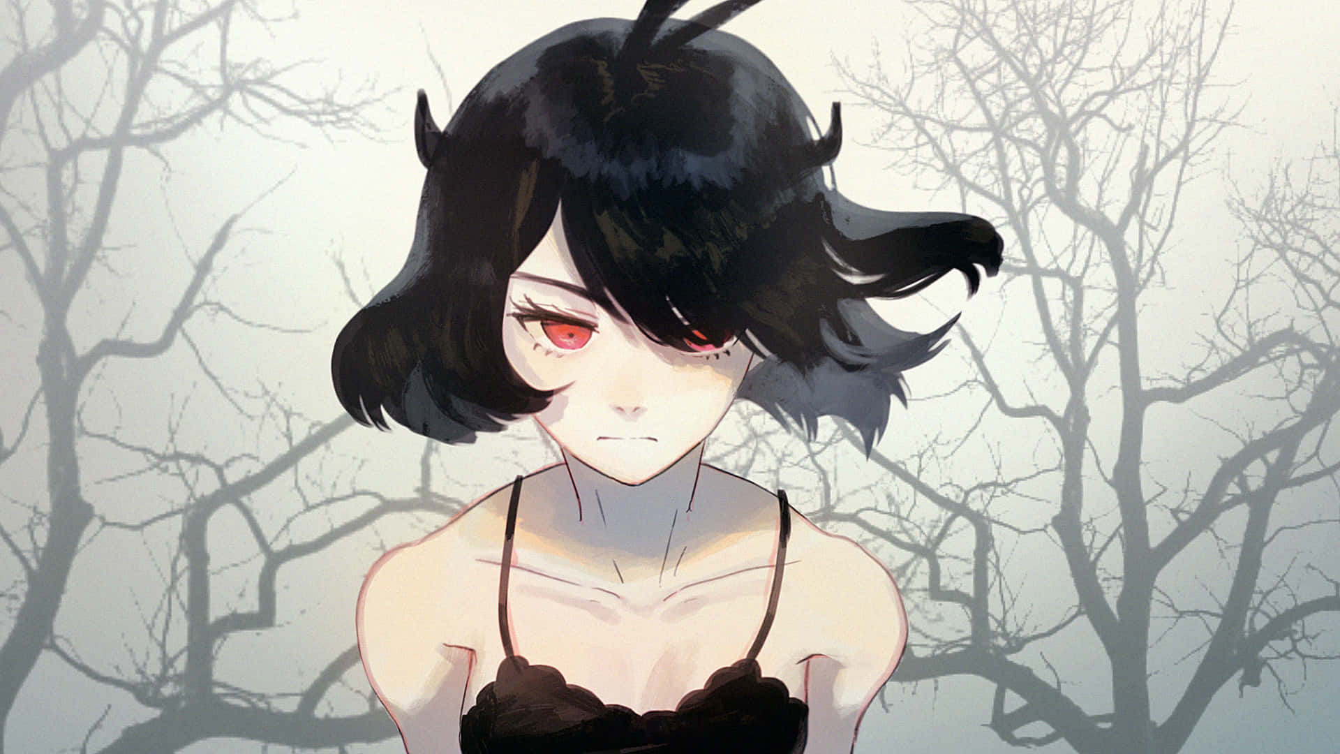 紅眼睛和角的動漫女孩站在光禿禿的樹林中。