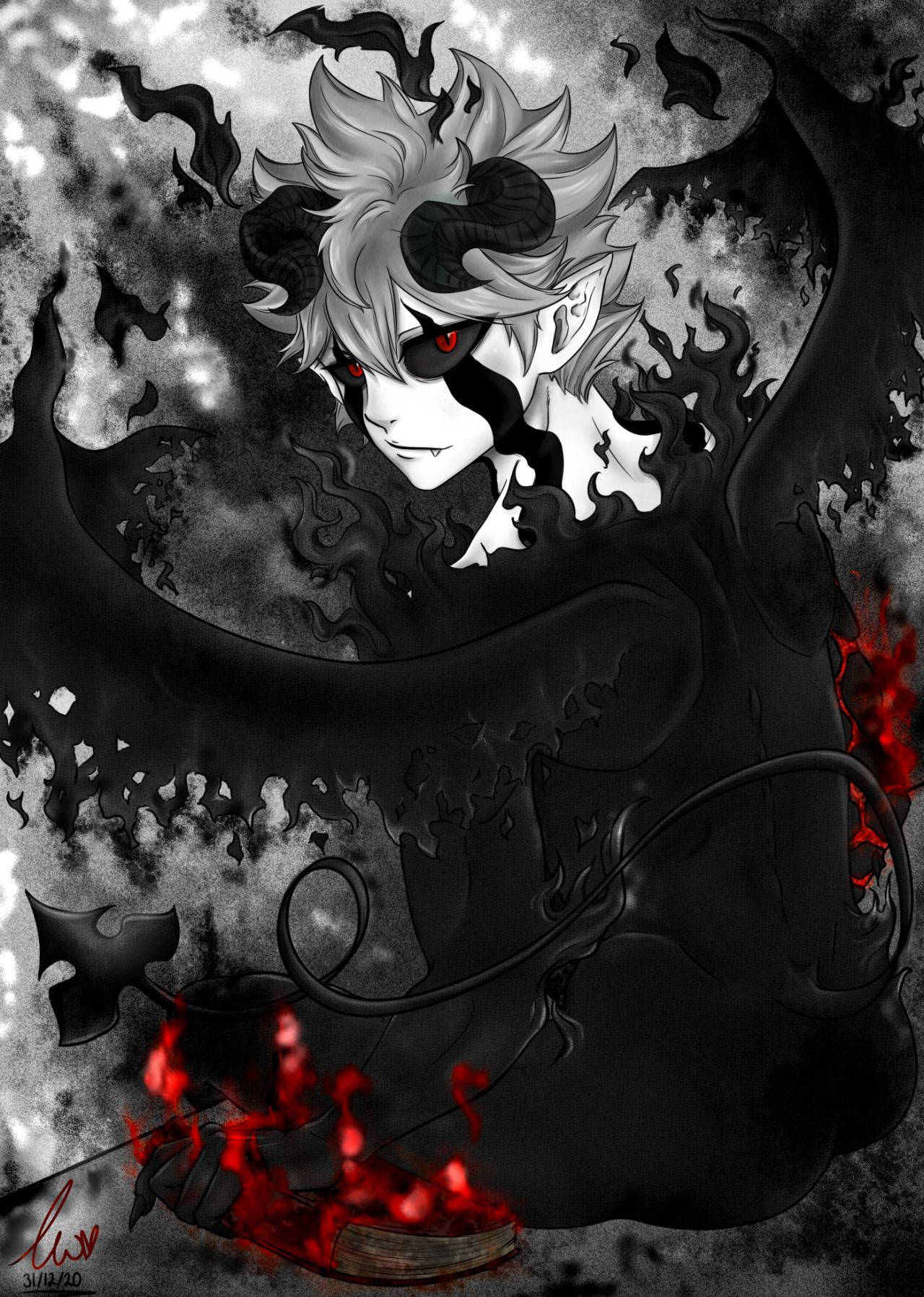 《黑色五葉草》風格化愛麗絲海報 壁紙 — 一個惡魔般的動漫角色，白髮、黑角、紅眼，從旋轉的黑暗煙霧中出現，腳下有發光的紅色火焰。