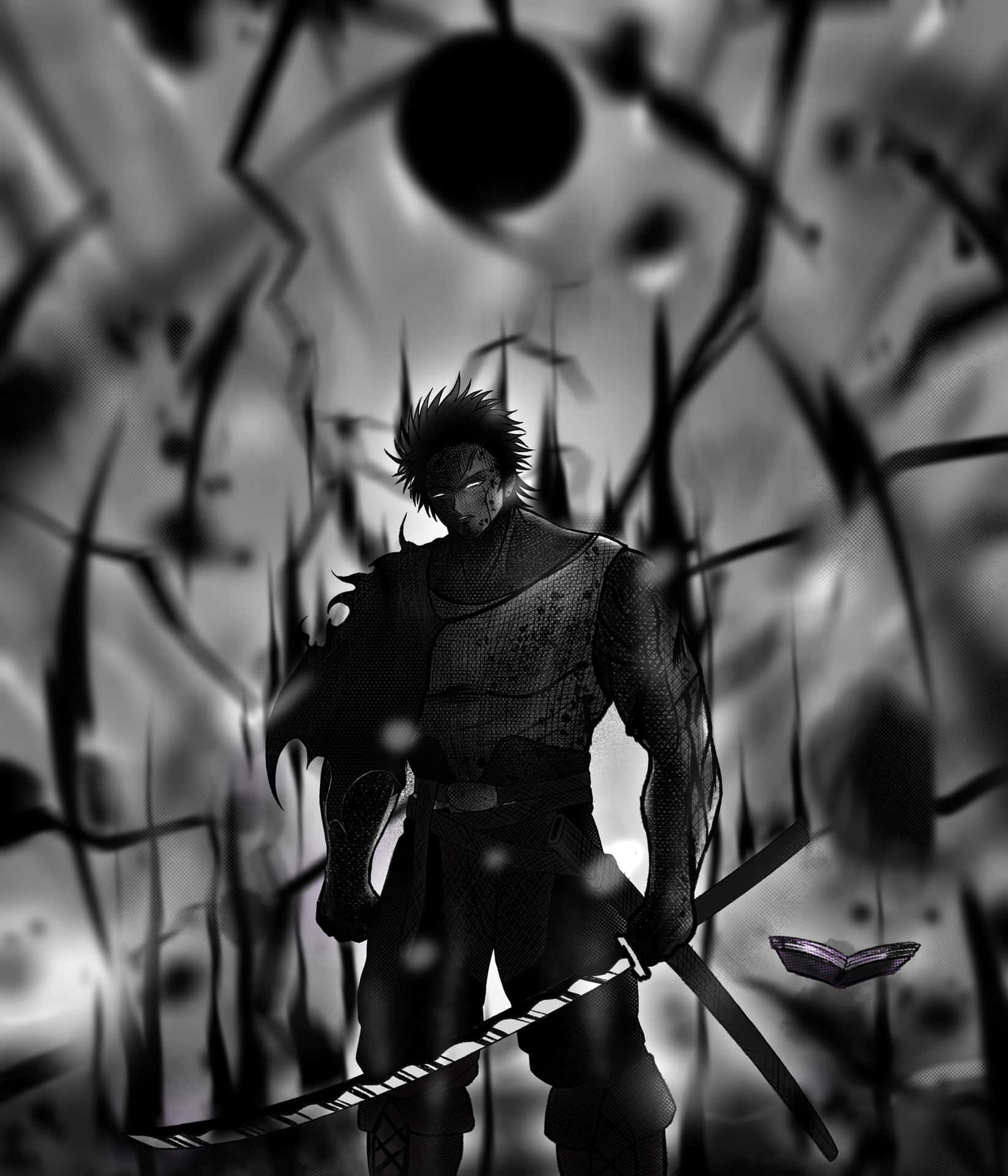 一個黑白動漫武士戰士在黑暗抽象環境中手持武士刀。 — 黑色五葉草 壁紙
