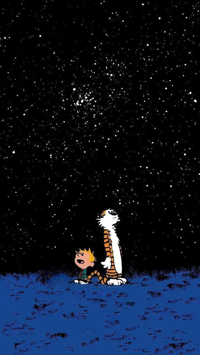 卡爾文和他的老虎仰望星空夜空。