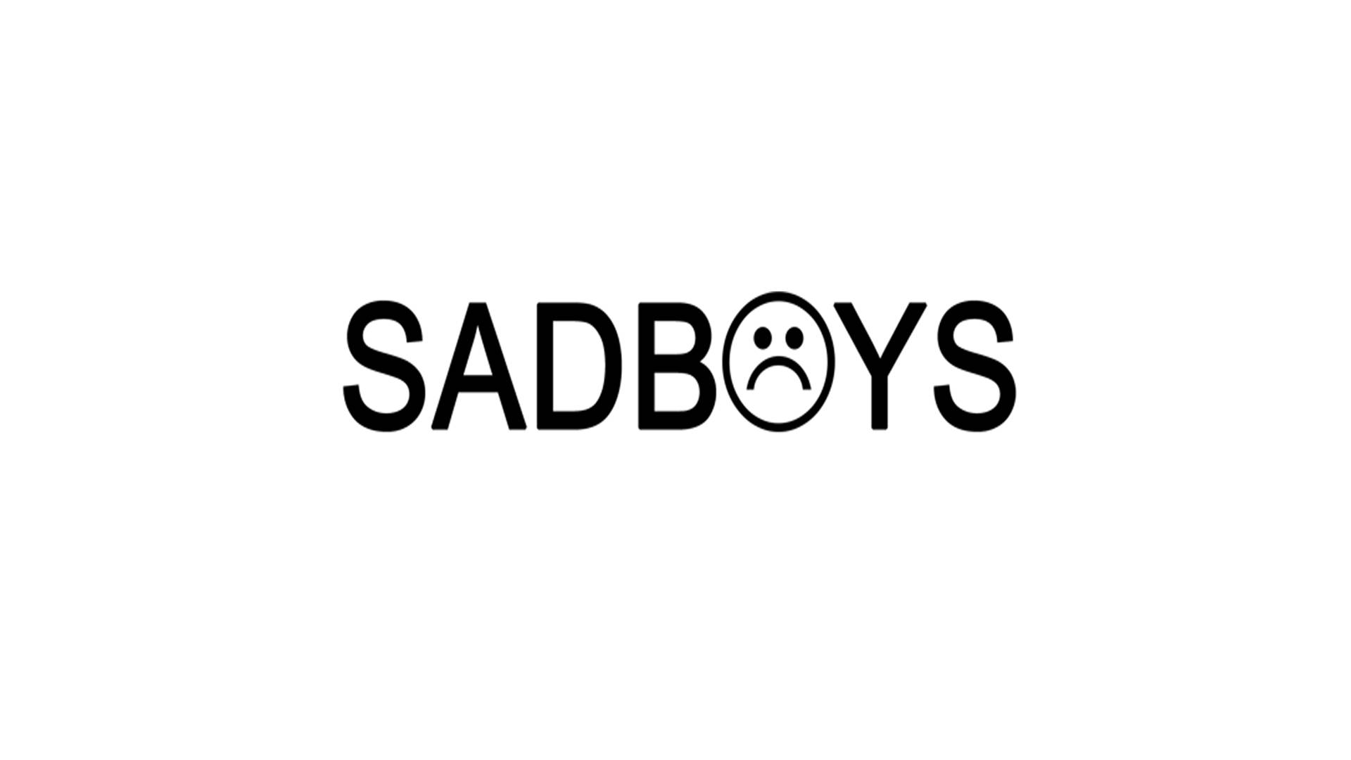 黑色傷心男孩文字 壁紙 — 粗體黑色文字寫著SADBOYS，並以悲傷表情取代字母O，背景為純白色。