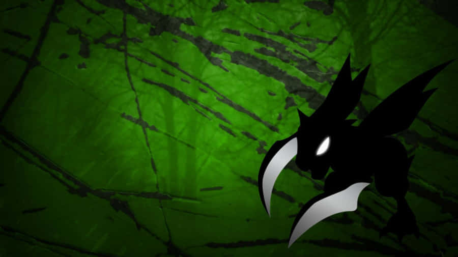 黑色剪影的斯切特（Scyther）綠色背景 壁紙 — 一隻帶有發光白色眼睛和鋒利爪子的黑色龍剪影，從裂開的綠色背景中出現，充滿威脅感。