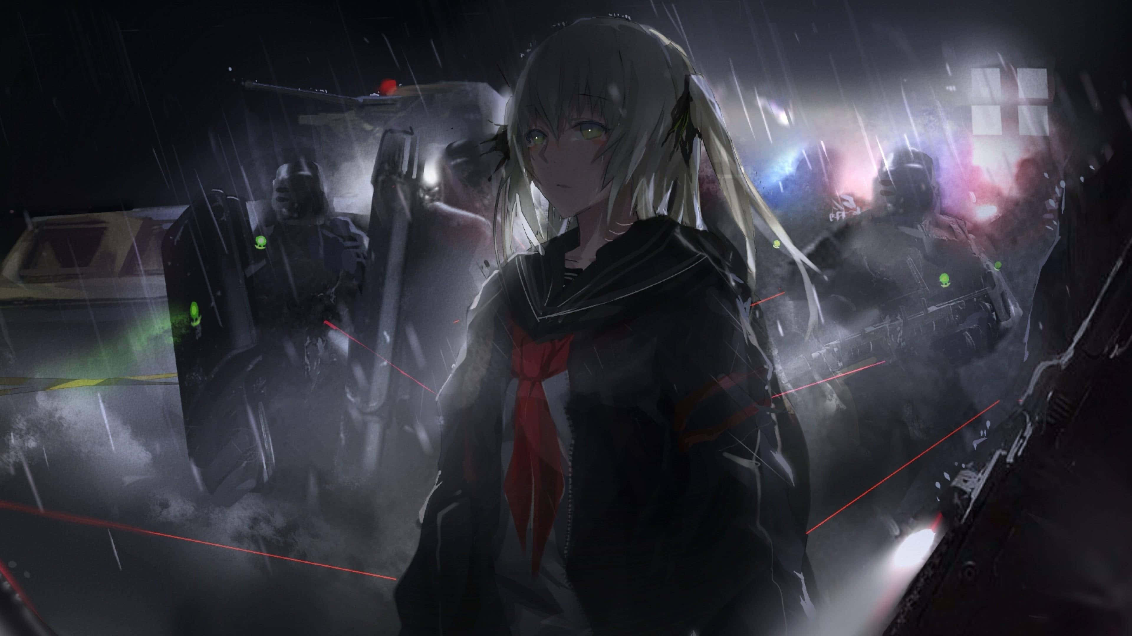 黑色動漫女孩美學PC壁紙 壁紙 — 一個孤獨的動漫女孩在黑暗、雨水浸透的城市戰場上，背景有發光的紅色激光束和裝甲士兵在迷霧中。