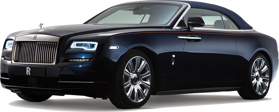 黑色勞斯萊斯豪華轎車 壁紙 — 一輛時尚的黑色 Rolls Royce Dawn 開篷車，帶有鍍鉻飾邊和發光車頭燈，在柔和的漸變背景前矗立。
