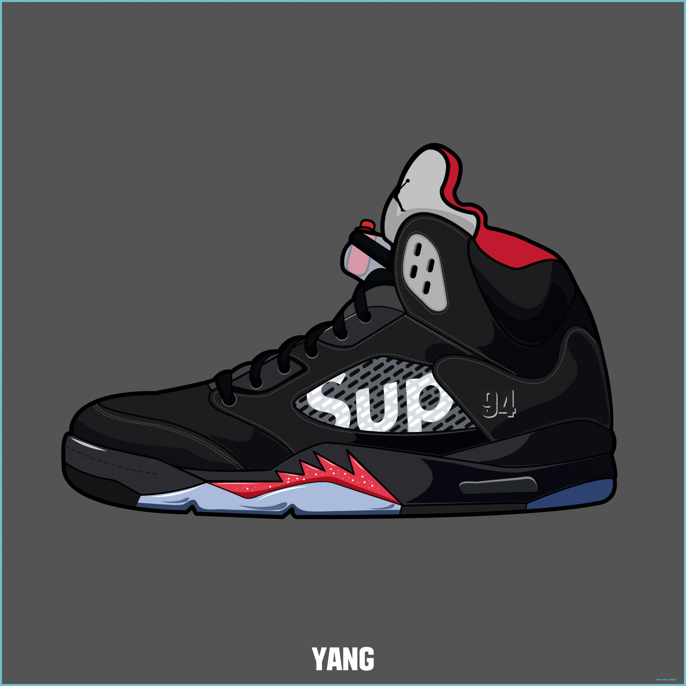 黑色卡通 Nike Air Jordan V 向量藝術 壁紙 — 一雙風格化的黑色高筒運動鞋，帶有紅、白、藍色點綴和 'SUP 94' 品牌標誌，背景為灰色。
