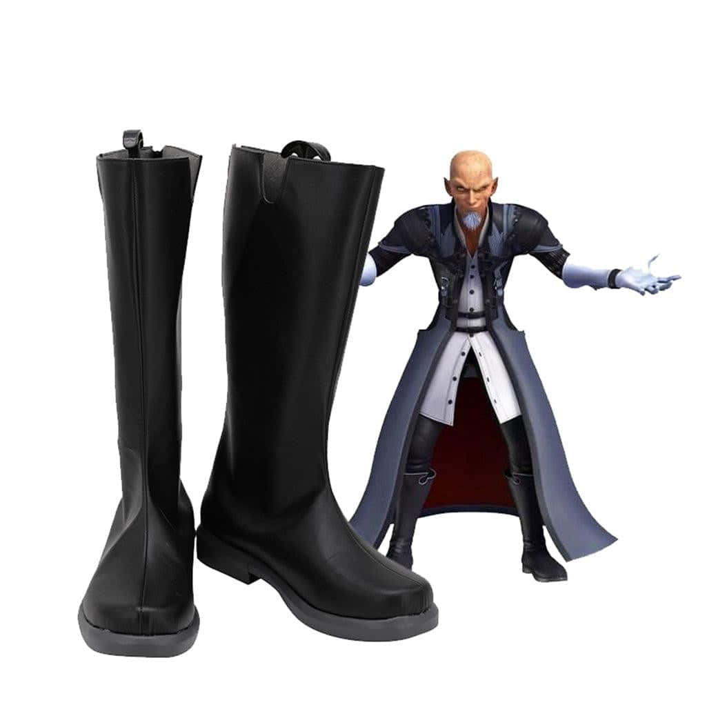 Kingdom Hearts Xehanort 桌布 壁紙 — 黑色及膝cosplay靴子展示在一個穿著長外套的光頭動漫角色旁邊。