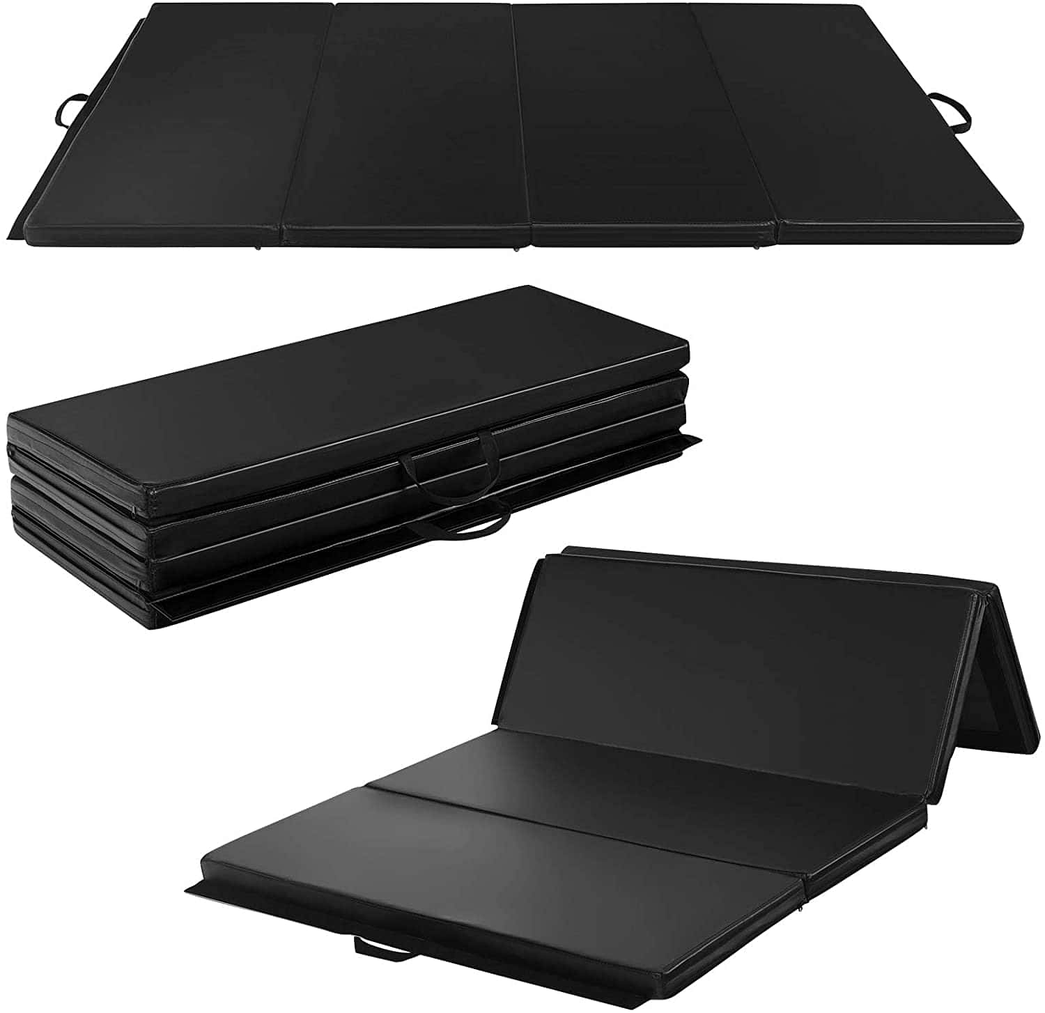 Gymnastics Mat 桌布 壁紙 — 黑色可摺疊健身墊，以完全展開、摺疊、堆疊及部分摺疊的形態展示於白色背景上。