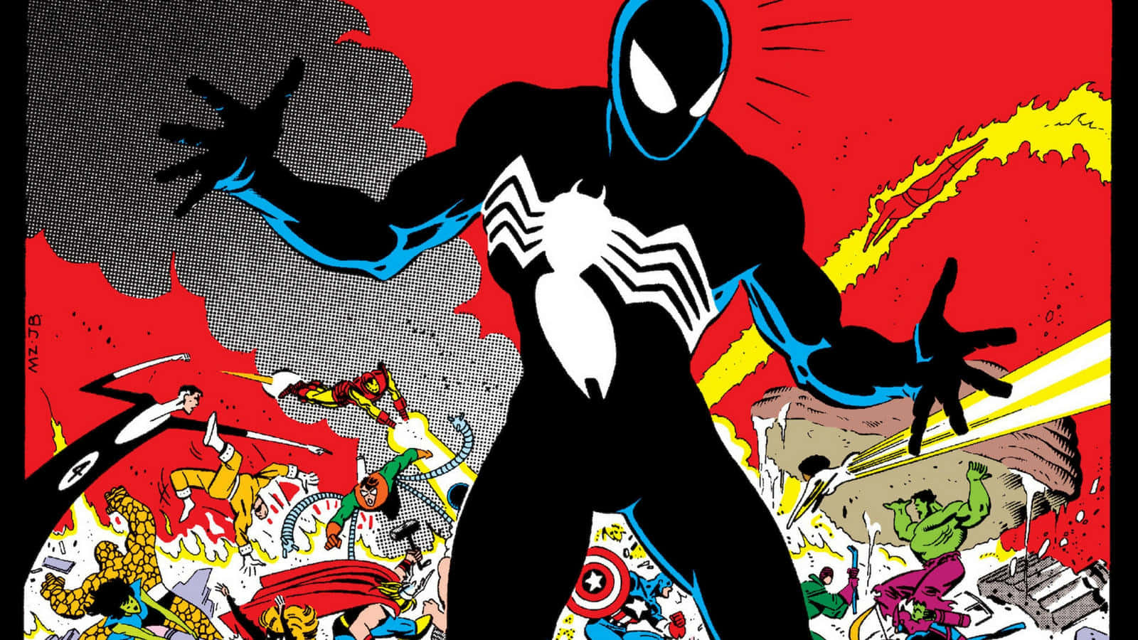 Secret Wars 桌布 壁紙 — 黑色和藍色共生體蜘蛛俠在混亂的漫畫戰鬥場景中對抗多位超級英雄。
