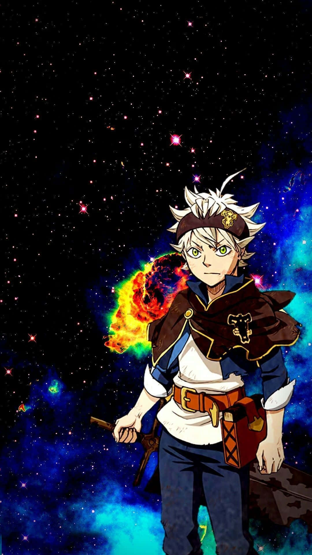白髮綠眼的動漫角色，在星空宇宙背景下手持一把劍。