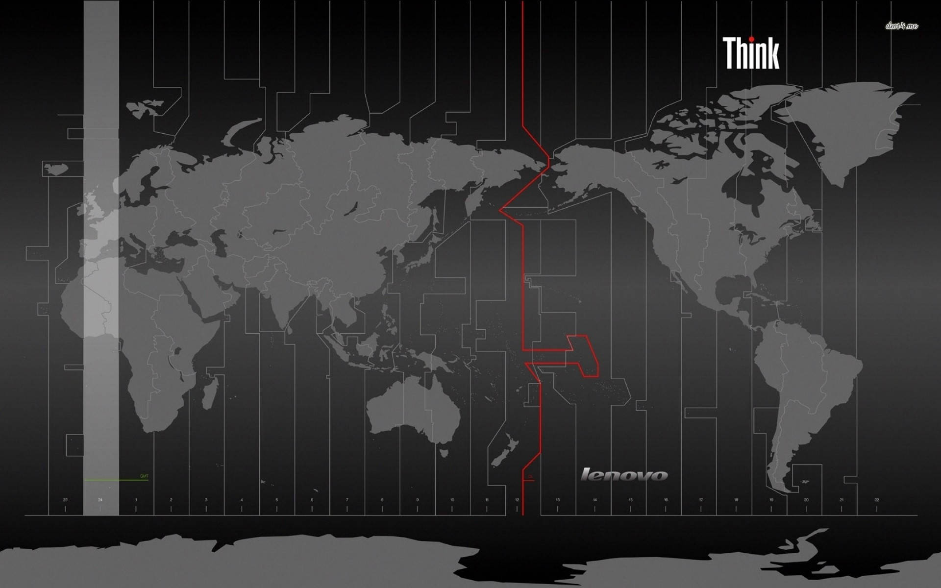 灰色世界地圖，帶有紅色電路線條和Lenovo Think標誌。