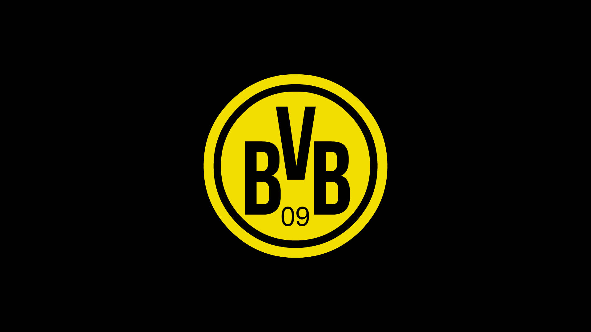 黑色多特蒙德隊徽 壁紙 — 大膽的黃色圓形BVB 09標誌居中在純黑色背景上。