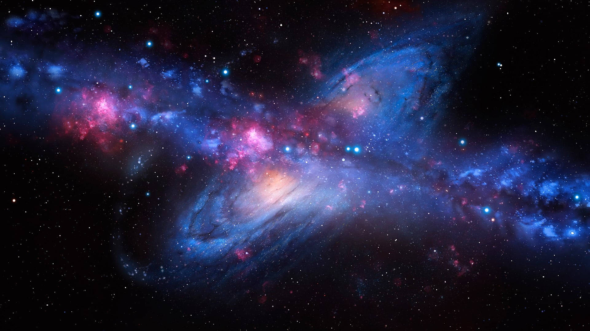 鮮豔的藍色和粉紅色星雲在一個充滿恆星的遙遠星系內旋轉。