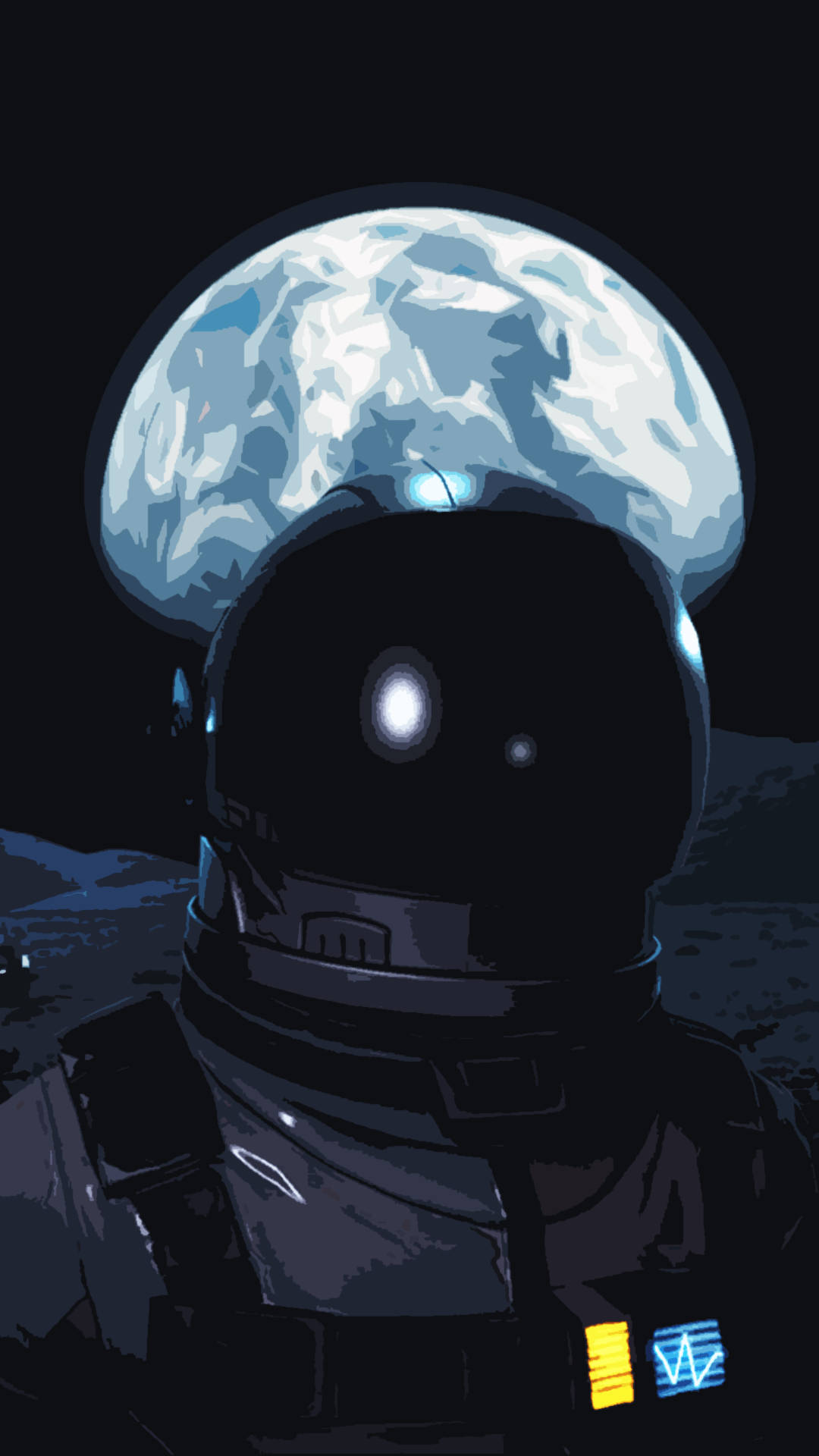 黑色太空人手機壁紙 壁紙 — 一個孤獨的太空人戴着深色頭盔，仰望黑色虛空中一輪巨大的發光月亮。