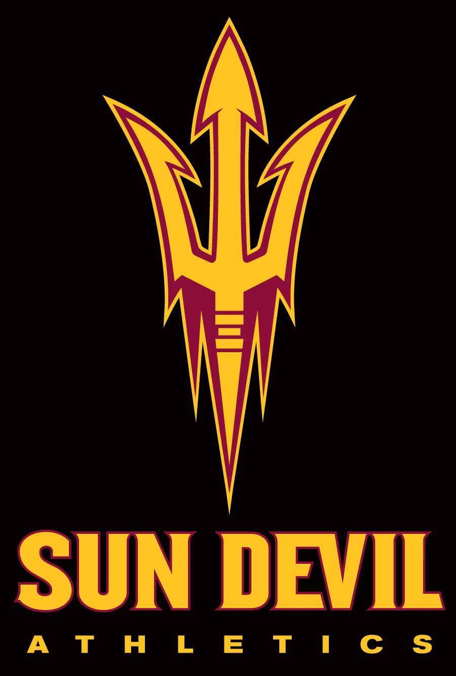 Sun Devil Athletics標誌，在黑色背景上以黃色和栗色呈現三叉戟設計。