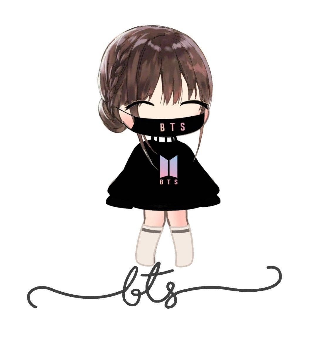 Q版動漫女孩戴著BTS口罩和連帽衫，下方有草書BTS標誌。