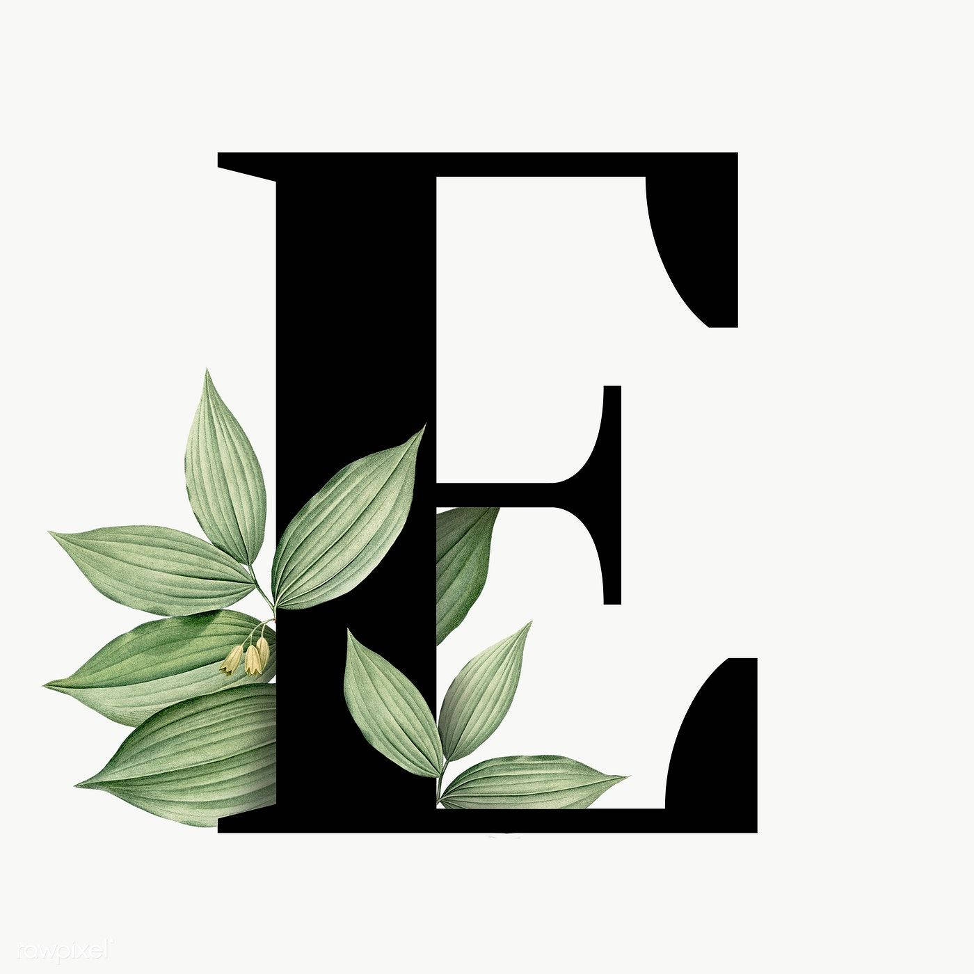 黑色字母E配葉子 壁紙 — 一個粗體黑色字母E，飾以精緻的綠葉和小黃花，背景為柔和的米白色。