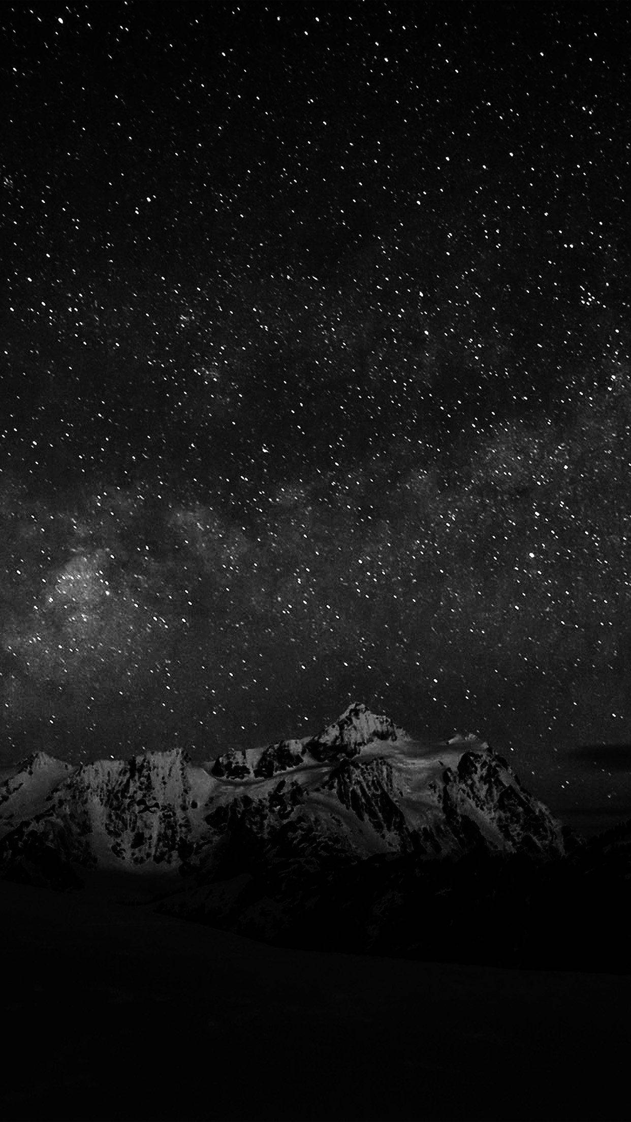 黑色安卓星辰與山巒 壁紙 — 白雪覆蓋的山脈在密集的星空和銀河下以單色呈現剪影。