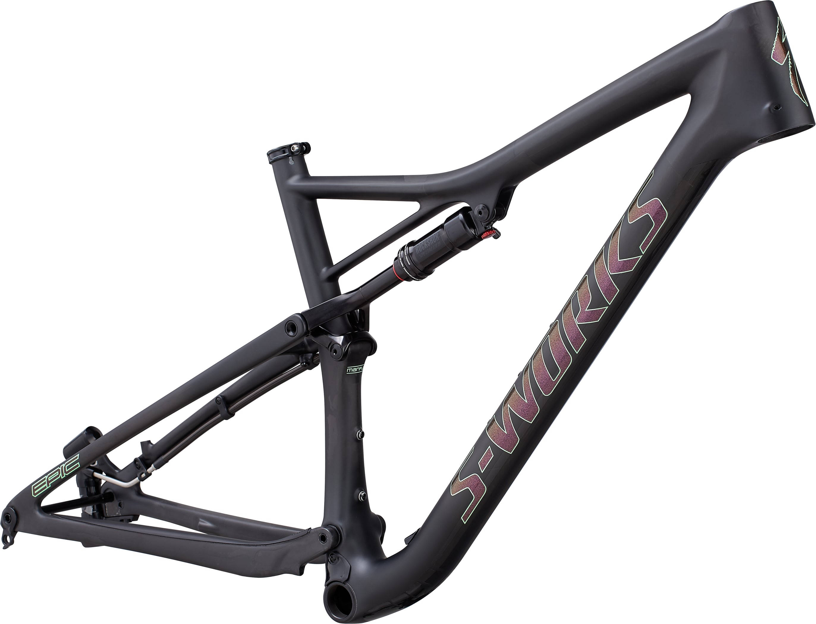 黑色專利自行車車架 壁紙 — 一個光滑的啞光黑色Specialized S-Works Epic山地車車架，帶有紫色和金色品牌標識，孤立在白色背景上。