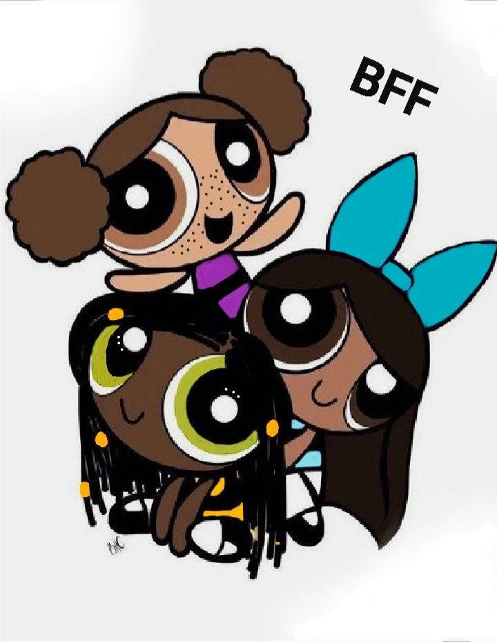 三個卡通女孩擁抱，上面有「BFF」文字。