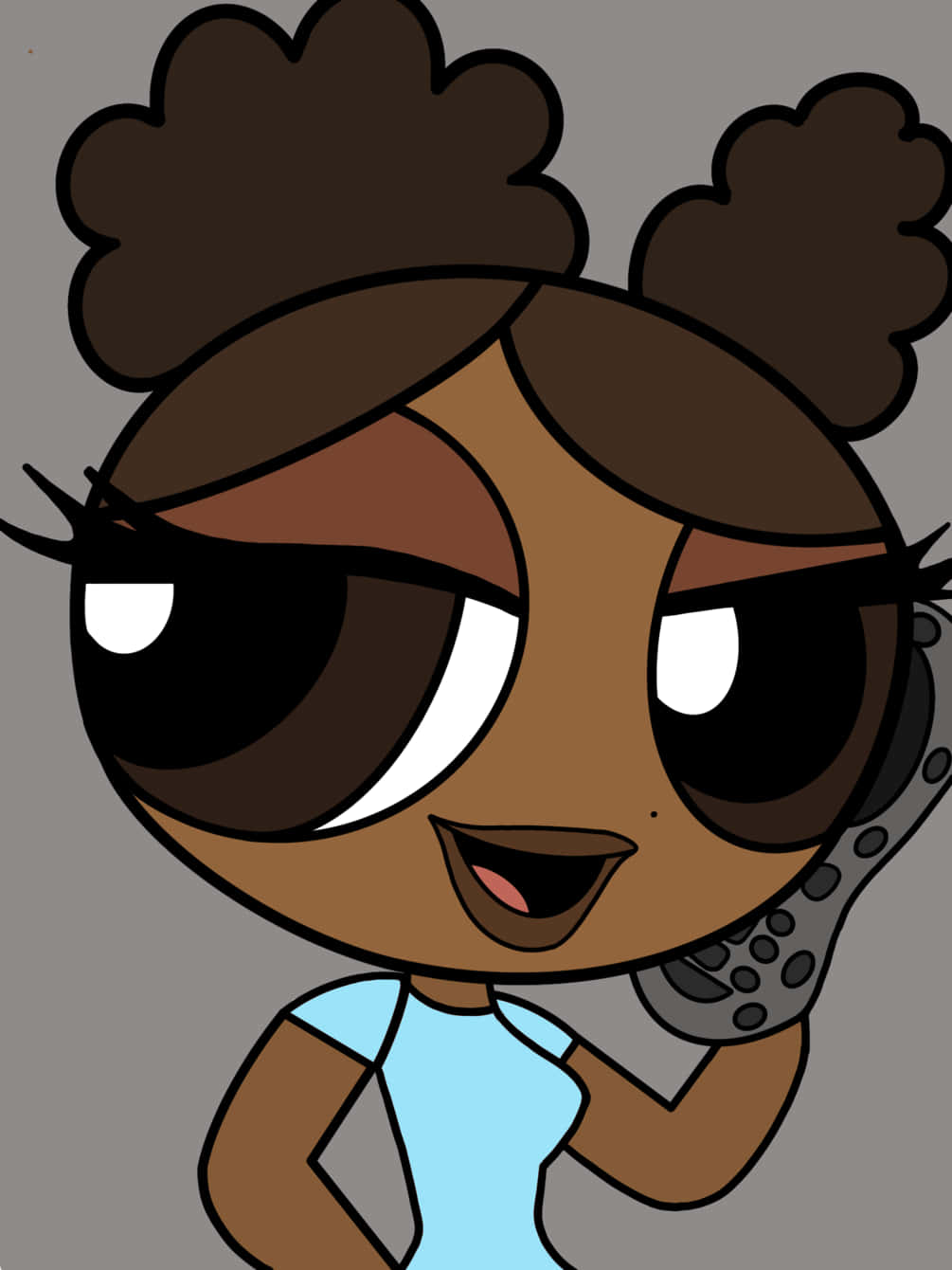 黑色小魔女可愛卡通風格 壁紙 — 一個大眼睛、梳著非洲爆炸頭嘅卡通女仔，一邊將電話貼住耳邊，一邊微笑。