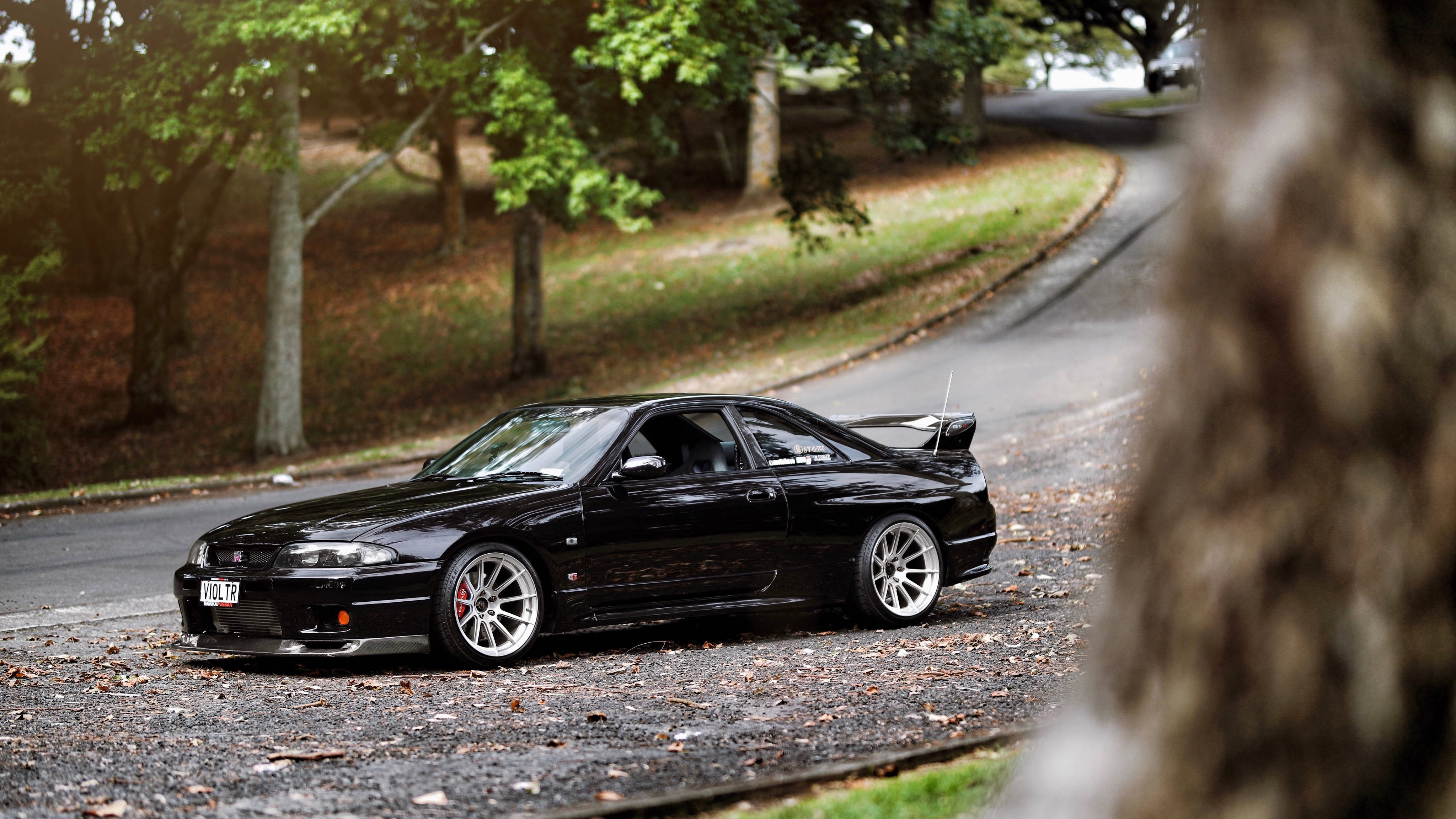 Nissan Skyline GTR R34 壁紙 — 一輛時尚的黑色跑車停在落葉滿地的道路上，周圍樹木環繞，環境寧靜如森林。