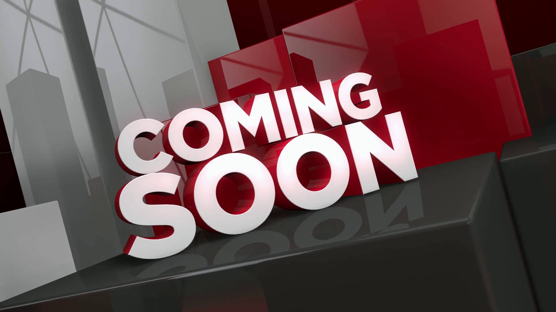 黑色表面上帶有城市景觀背景的粗體3D文字「COMING SOON」。