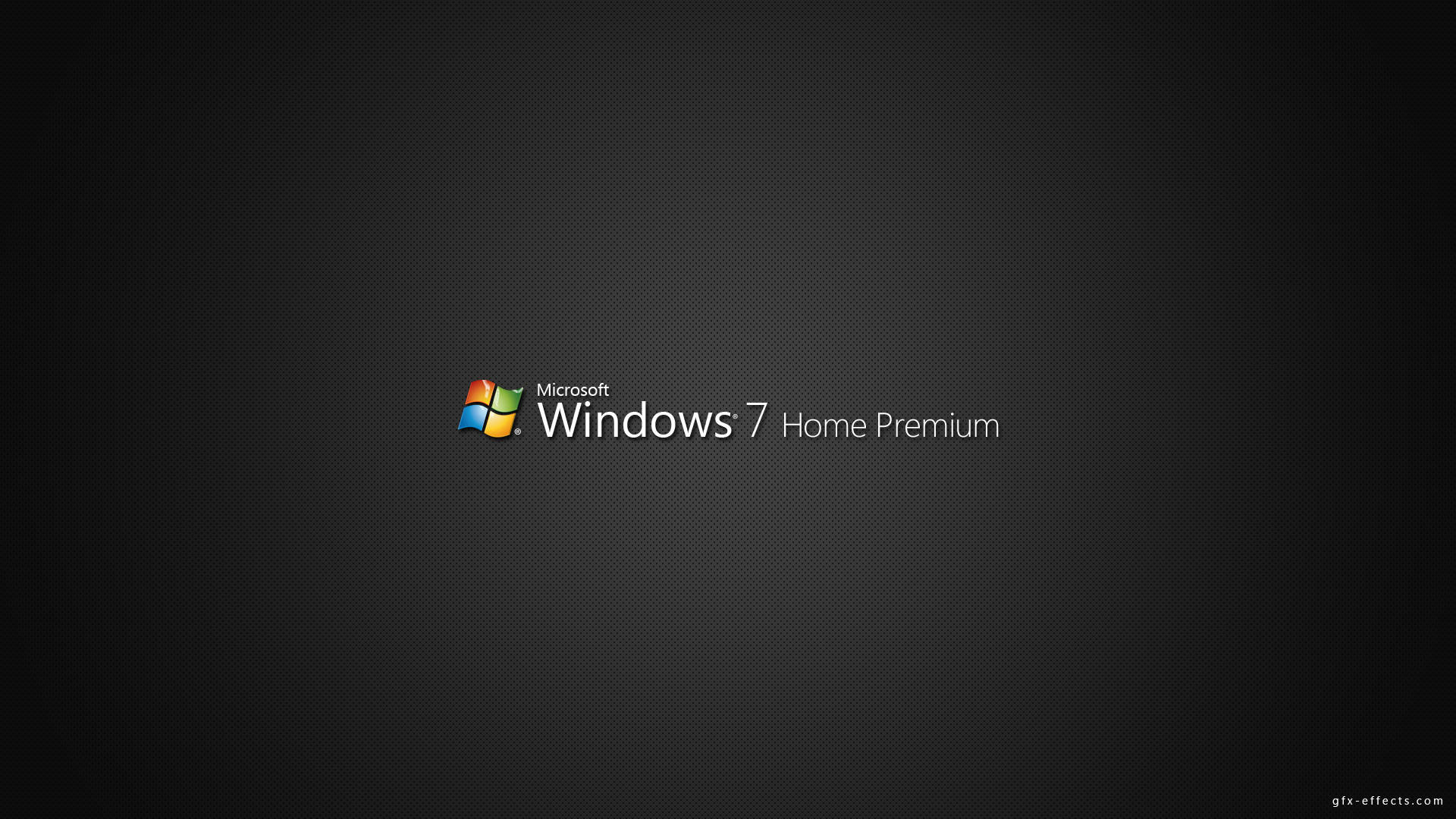 黑色微軟Windows 7桌面 壁紙 — Windows 7 Home Premium 標誌居中顯示在深色紋理漸變背景上。