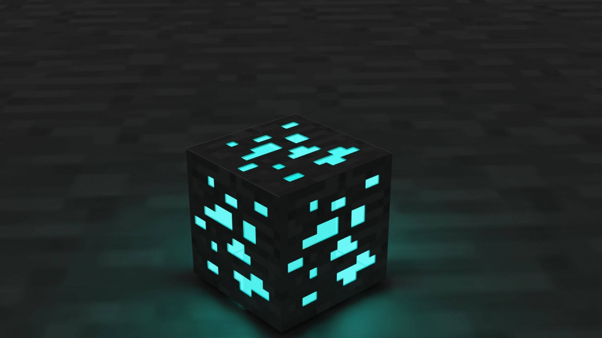 黑色我的世界鑽石礦石 壁紙 — 一個發光的青色像素方塊（Minecraft）放在深色瓷磚地板上，投射出柔和的青綠色光芒。
