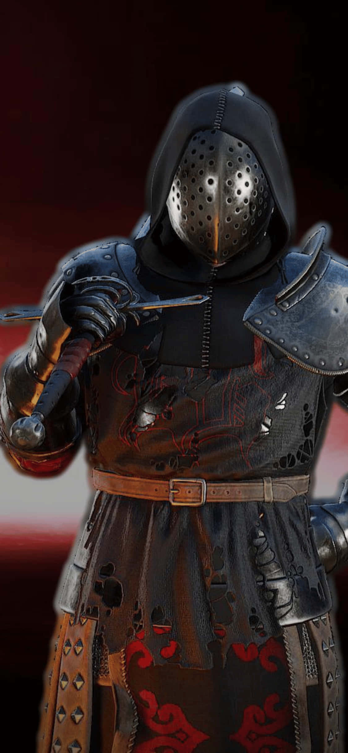 黑色戰士 iPhone XS Mordhau 背景 壁紙 — 一名身穿暗色盔甲、頭戴穿孔頭盔的騎士，在深紅色背景下手持一把劍。