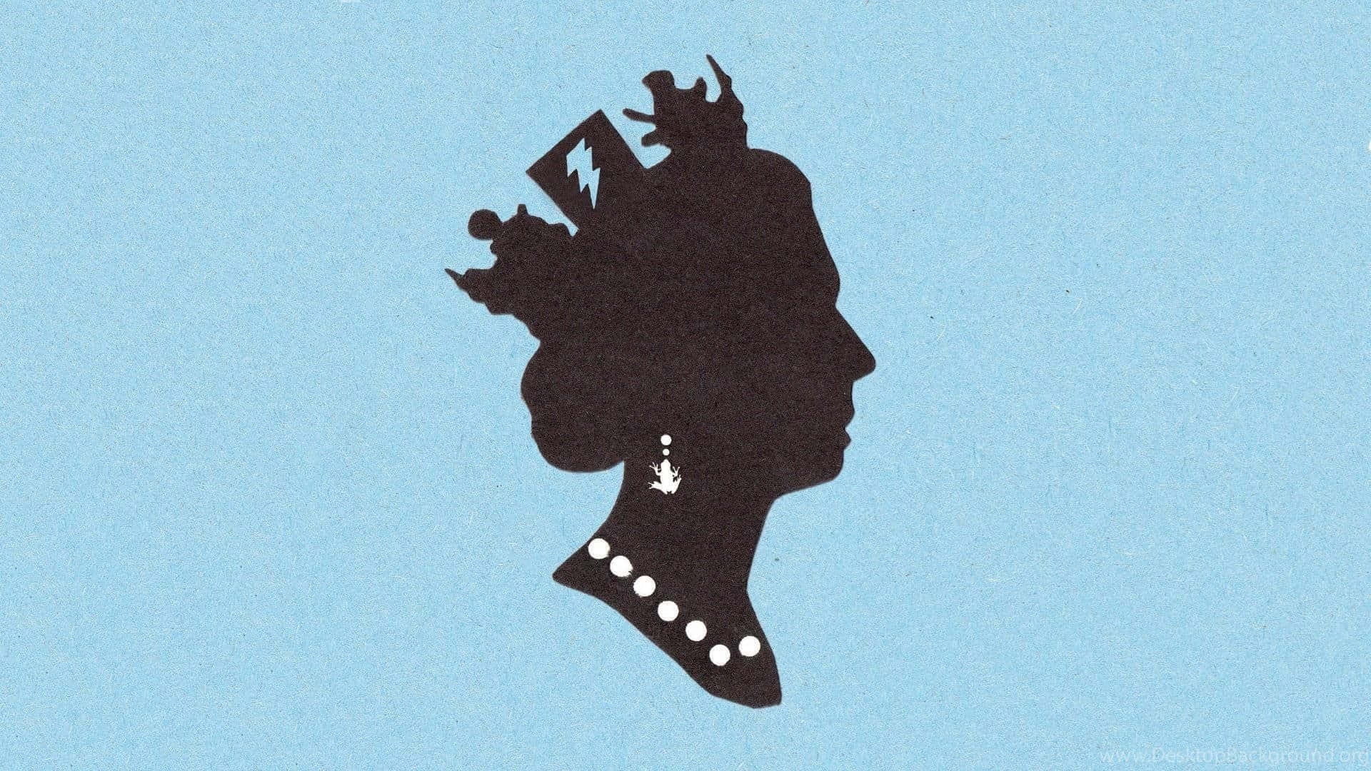 Queen Elizabeth 桌布 壁紙 — 黑色戴冠女王側面剪影，配以淺藍色紋理背景、珍珠項鍊和閃電王冠細節。