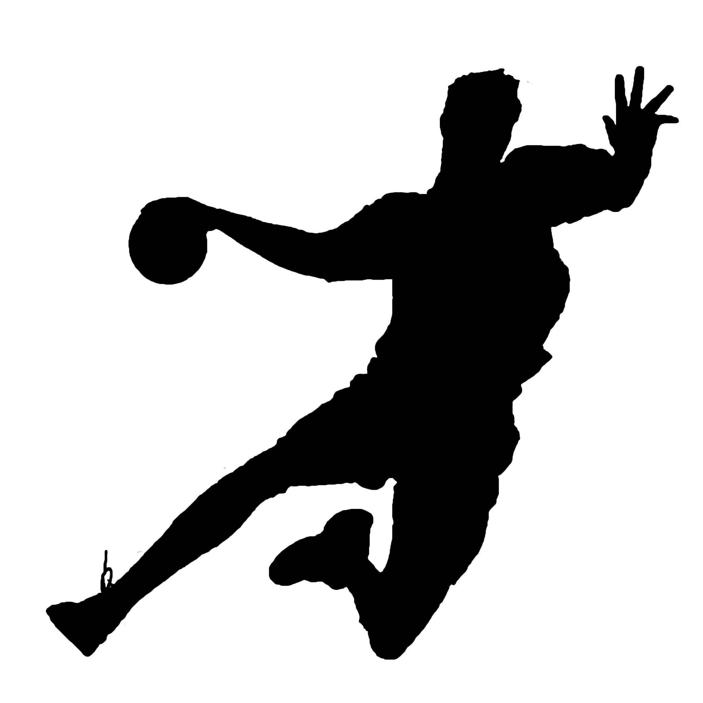 黑色手球運動員剪影 壁紙 — 動態黑色剪影，一名籃球運動員在半空中單手運球，另一隻手伸展以保持平衡，背景為純白色。