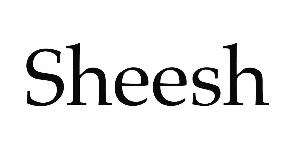 黑色文字的 Sheesh 字樣 壁紙 — 單詞 'Sheesh' 以粗體黑色襯線字體居中顯示在純白色背景上。