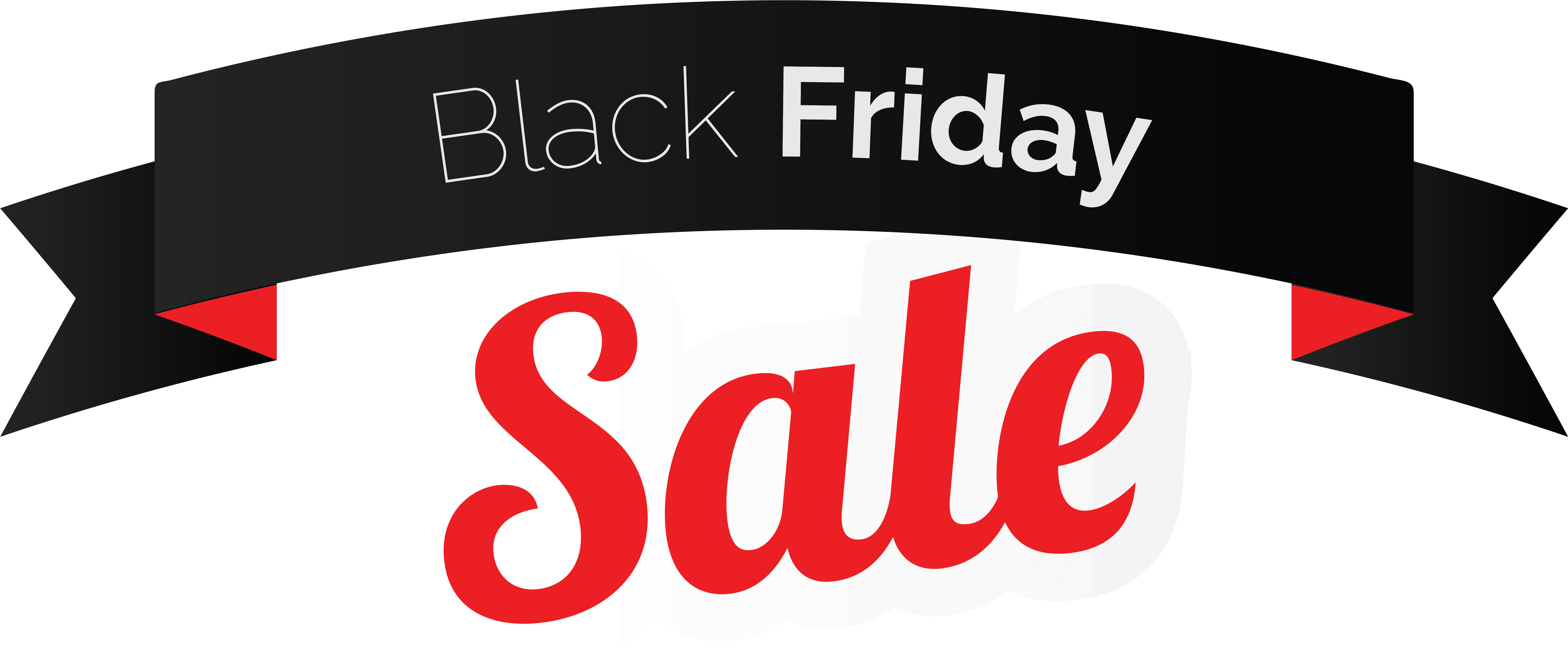 黑色星期五促銷橫幅 壁紙 — 在黑色背景上，黑色橫幅寫著 Black Friday，下方有粗體紅色銷售文字，帶白色輪廓。