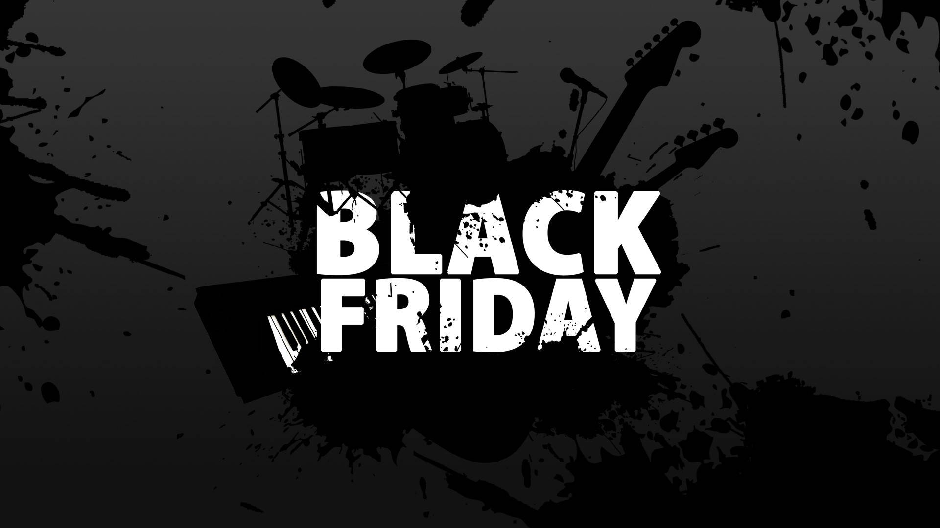 黑色星期五向量藝術 壁紙 — 大膽的黑白圖形，帶有「BLACK FRIDAY」文字，墨水濺在樂器剪影上。