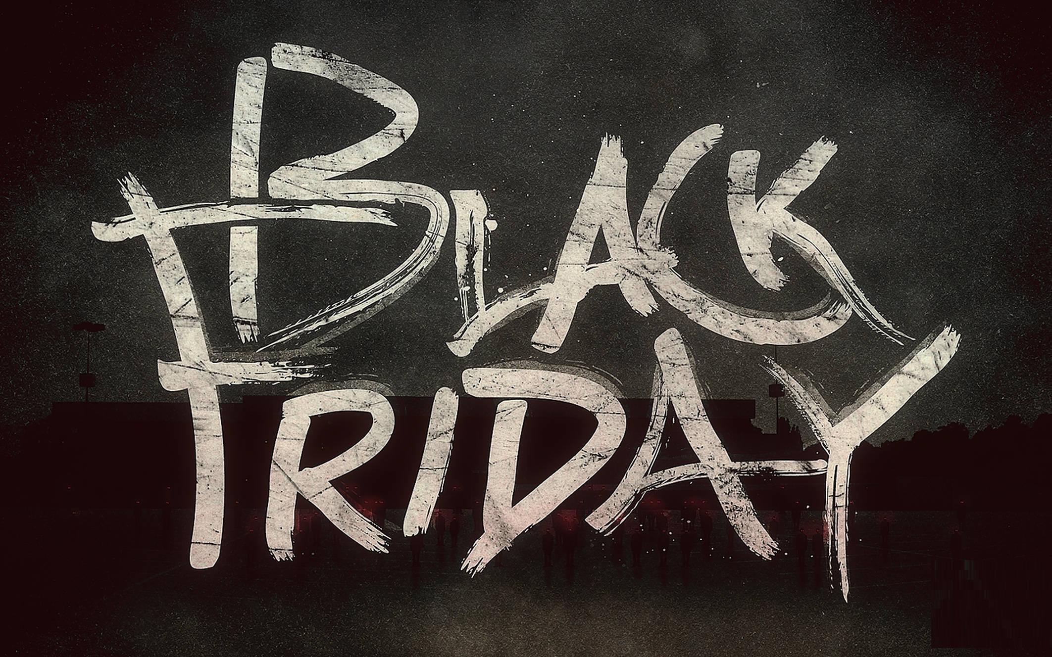 黑色星期五塗鴉藝術 壁紙 — 大膽塗鴉風格嘅「BLACK FRIDAY」文字，用白色油漆濺喺深色紋理牆上，下面有模糊嘅城市剪影。