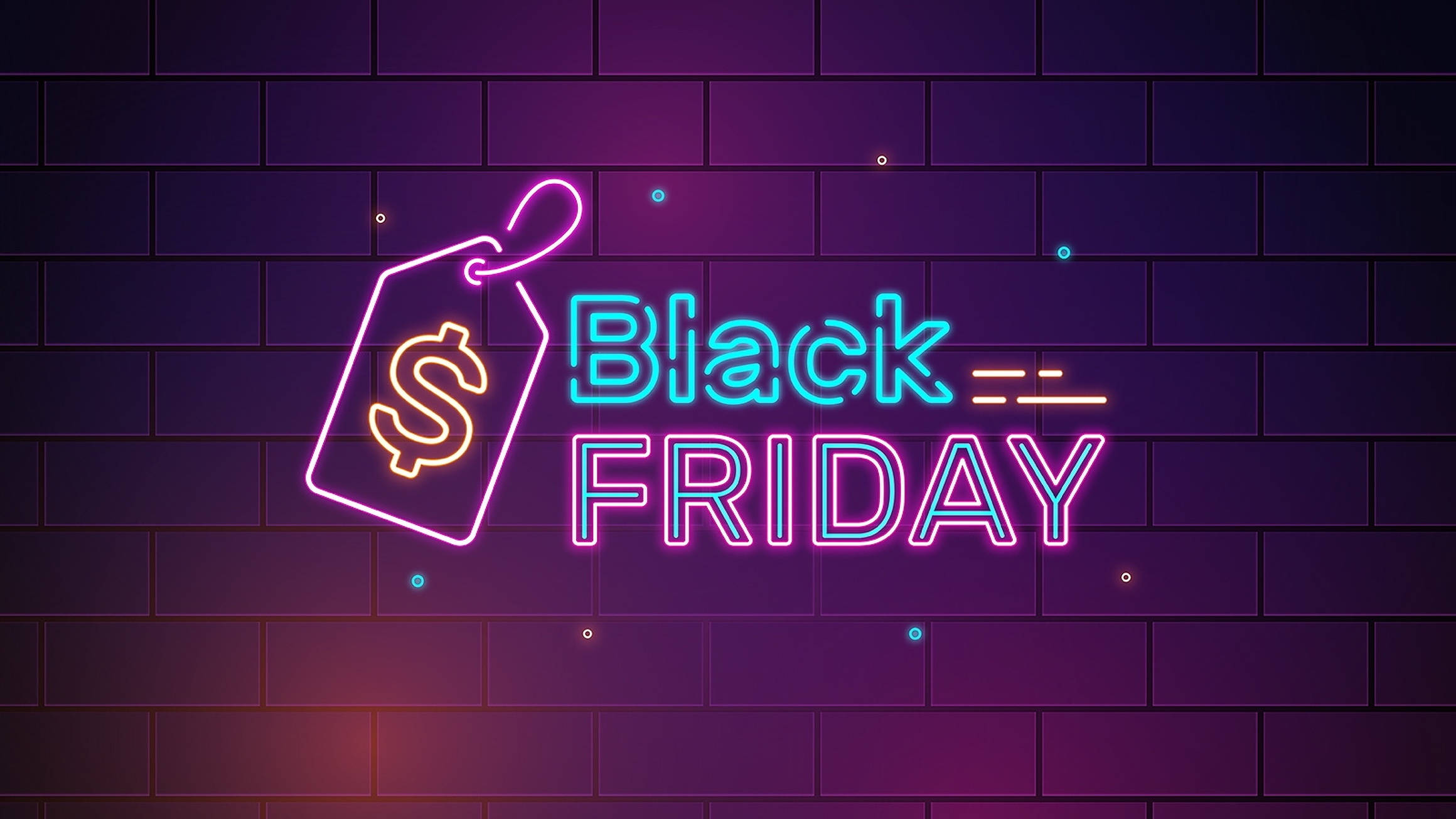 黑色星期五時尚霓虹燈 壁紙 — 鮮豔的霓虹燈牌寫著 Black Friday，帶有美元標誌，在深色磚牆上發光。