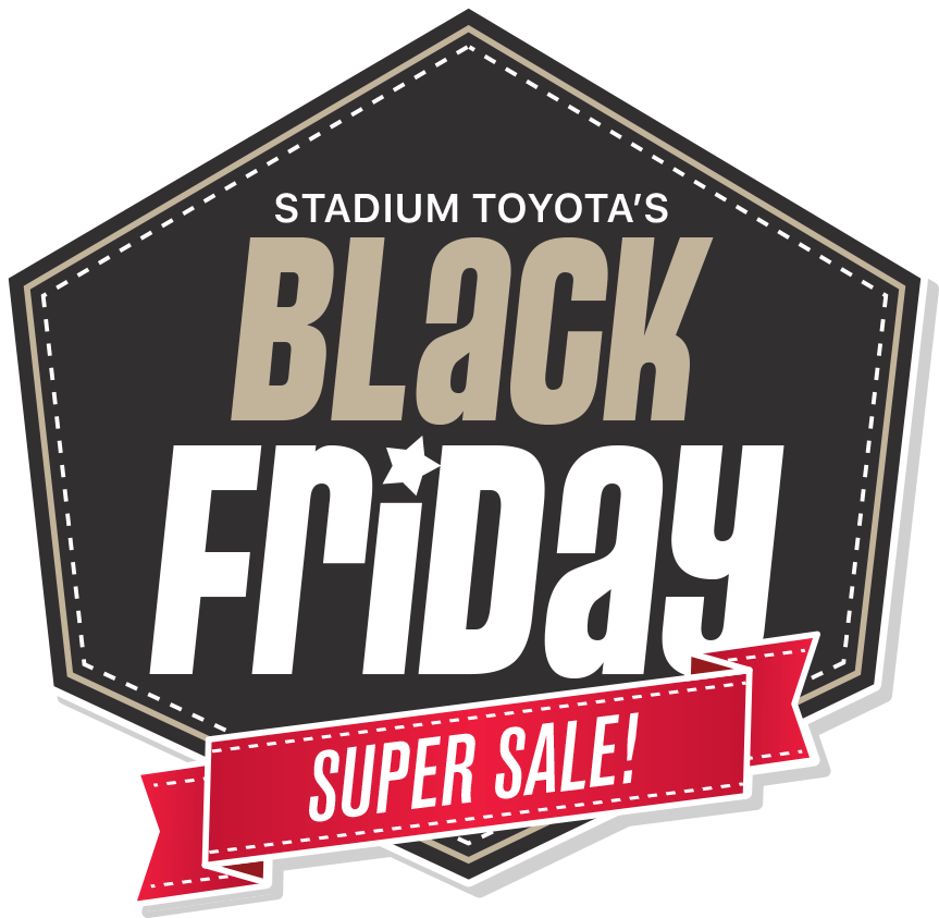 黑色星期五超級促銷標誌 壁紙 — 為Stadium Toyota's設計的大膽黑色星期五銷售圖形，採用米色、白色和紅色文字，位於六邊形徽章上，帶有縫合邊框。