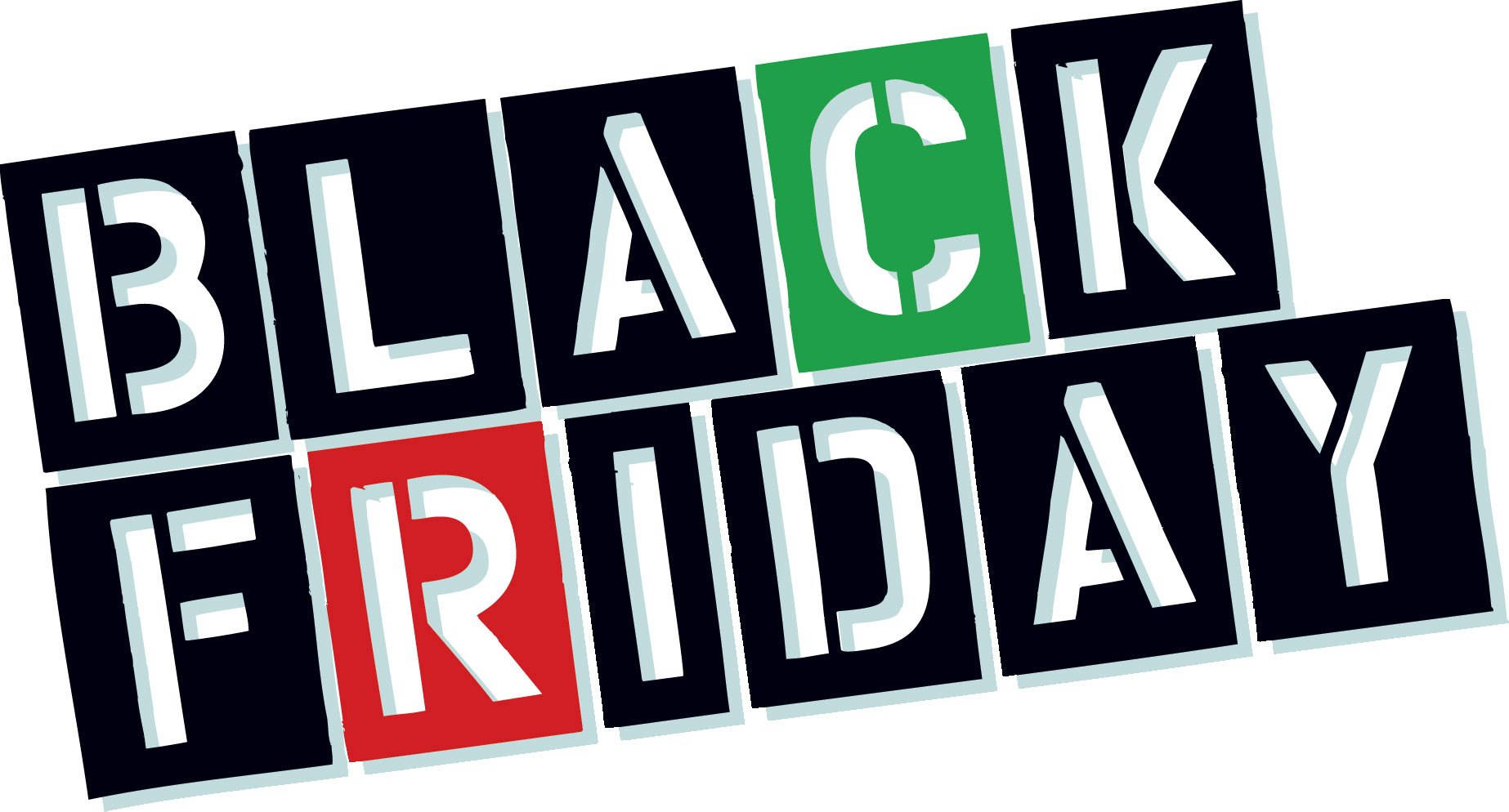 Black Friday 促銷圖形，帶有粗體文字和彩色區塊。